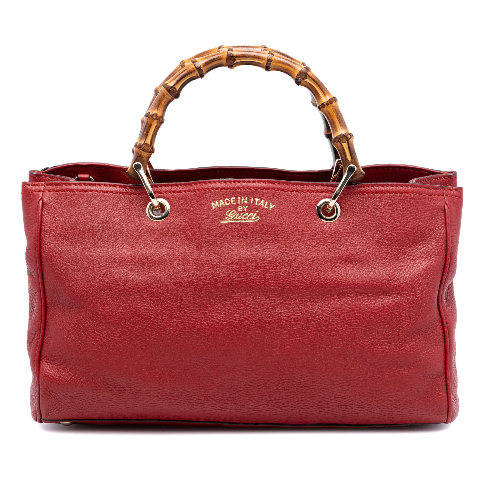 Gucci Bamboo Handle Red Leather Medium Satchel Bag: Gucci Bamboo Handle Red Leather Medium Satchel Bag This Gucci Medium Calfskin Bamboo Shopper Satchel features a red leather body, distinctive bamboo top handles, and an open top secured with a magneti