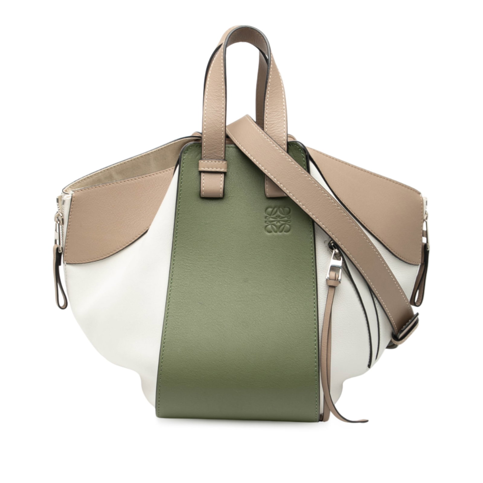 Loewe Hammock Small Leather Shoulder Bag in Multicolor: Loewe Hammock Small Leather Shoulder Bag in Multicolor This LOEWE Small Tricolor Soft Grained Calfskin Hammock Bag features a supple leather body with flat leather handles and a detachable, adjustable