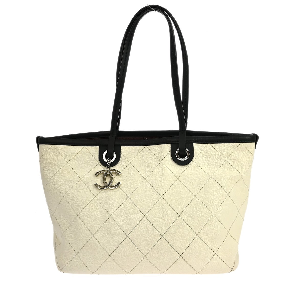 Chanel On The Road Large White Calfskin Tote with Double Handles: Chanel On The Road Large White Calfskin Tote with Double Handles This Chanel On The Road Shopping Fever tote bag is crafted from white calfskin leather and features double handles with a 9-inch drop. 