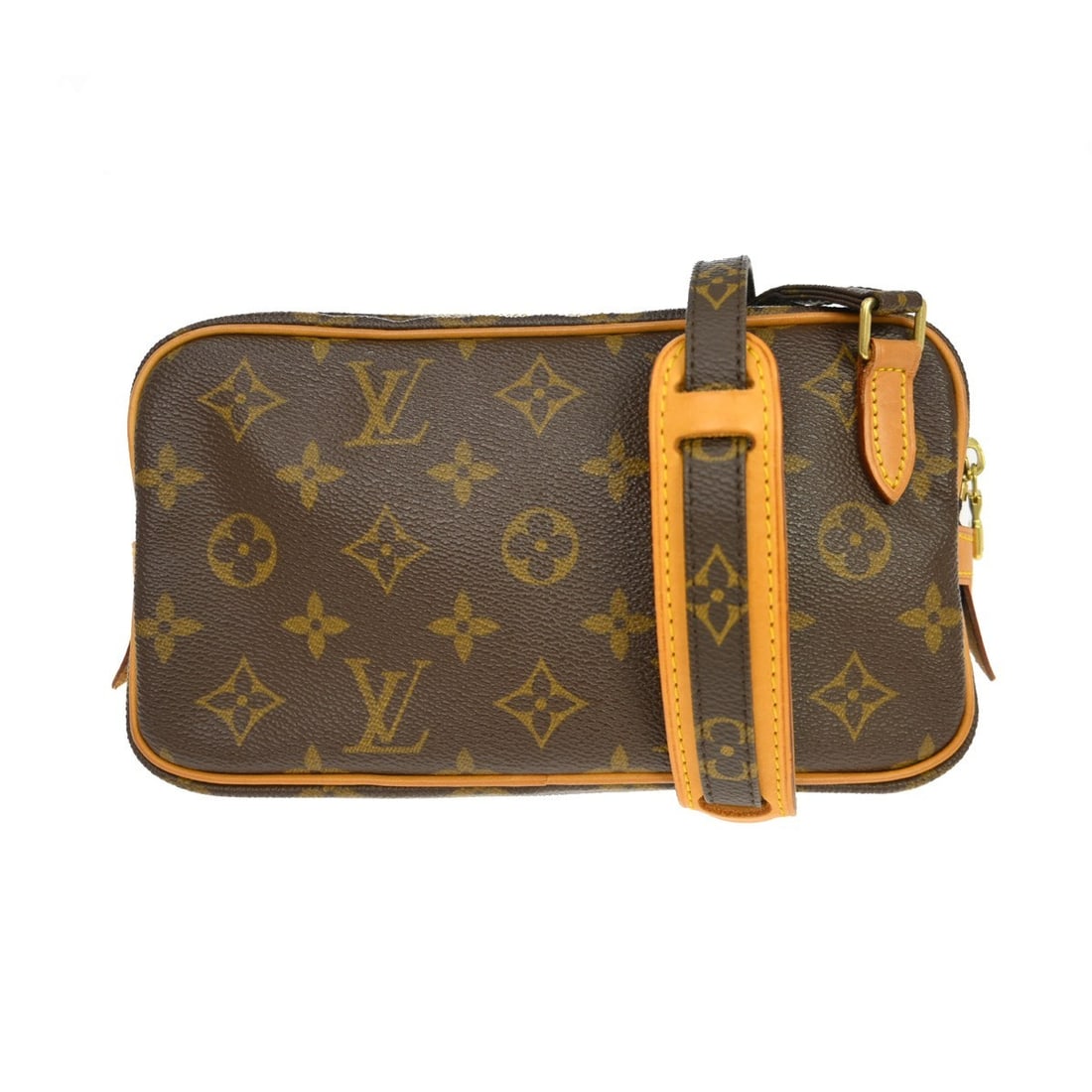Louis Vuitton Marly Monogram Crossbody Bag M51828: Louis Vuitton Marly Monogram Crossbody Bag M51828 This Louis Vuitton Marly Bandouliere shoulder bag features the iconic monogram pattern on brown leather, complemented by a brown canvas lining. Design