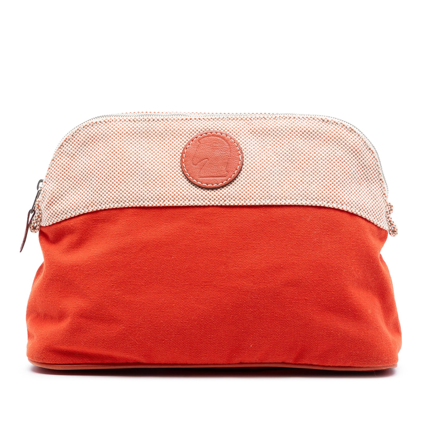 Hermes Bolide PM Orange Fabric Travel Pouch with Leather Trim: Hermes Bolide PM Orange Fabric Travel Pouch with Leather Trim This Hermes Toile Bolide Trousse De Voyage Pouch PM features a cotton fabric body with leather trim, a top zip closure, and an interior sl