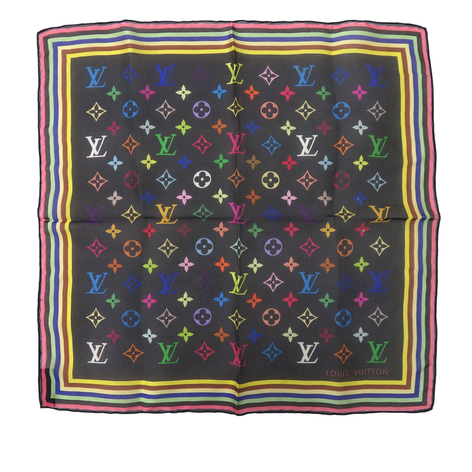 Silk Handkerchief with Multicolor Monogram by Louis Vuitton Takashi Murakami: Silk Handkerchief with Multicolor Monogram by Louis Vuitton Takashi Murakami This Louis Vuitton Takashi Murakami Monogram Multicolor handkerchief features a vibrant printed design on 100% silk. Crafte