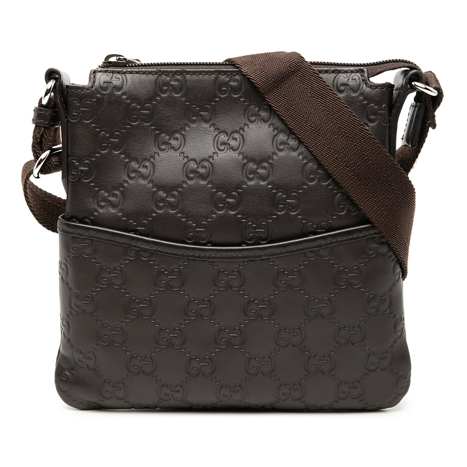 Gucci Guccissima Brown Embossed Leather Crossbody Bag with Adjustable Strap: Gucci Guccissima Brown Embossed Leather Crossbody Bag with Adjustable Strap This Gucci Guccissima crossbody bag features an embossed leather body in brown, an adjustable flat strap, a top zip closure,