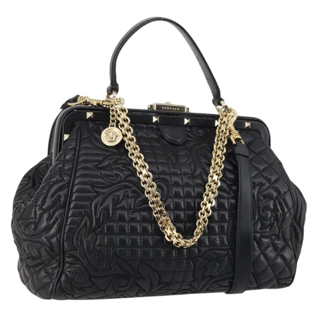 Gianni Versace Black Gold Leather Hand Bag 2way Authentic: Gianni Versace Black Gold Leather Hand Bag 2way Authentic Discover the elegance of this Gianni Versace Hand Bag, crafted from high-quality leather in a striking black and gold color combination. This 
