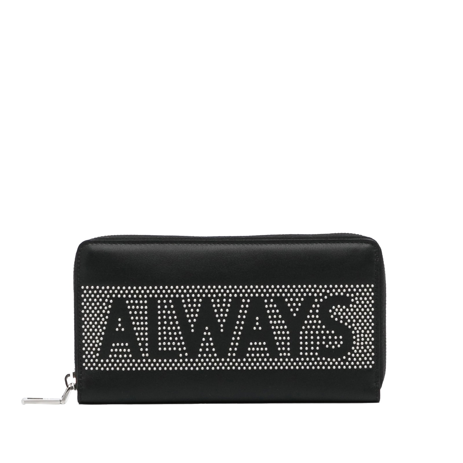 Valentino Black Studded Zip Around Leather Wallet with Dust Bag: Valentino Black Studded Zip Around Leather Wallet with Dust Bag This Valentino Studded Zip Around Wallet showcases a sleek leather body adorned with striking studded details. It features a convenient 