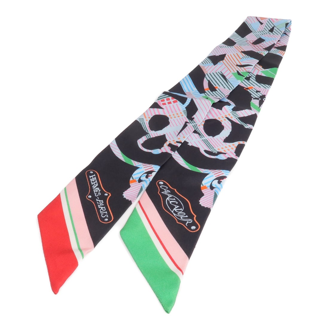 Silk Twilly Scarf by Hermes in Black Multicolor: Silk Twilly Scarf by Hermes in Black Multicolor This Hermes Twilly scarf is crafted from silk and features a black base with multicolor accents. Designed for women, it offers a stylish accessory optio