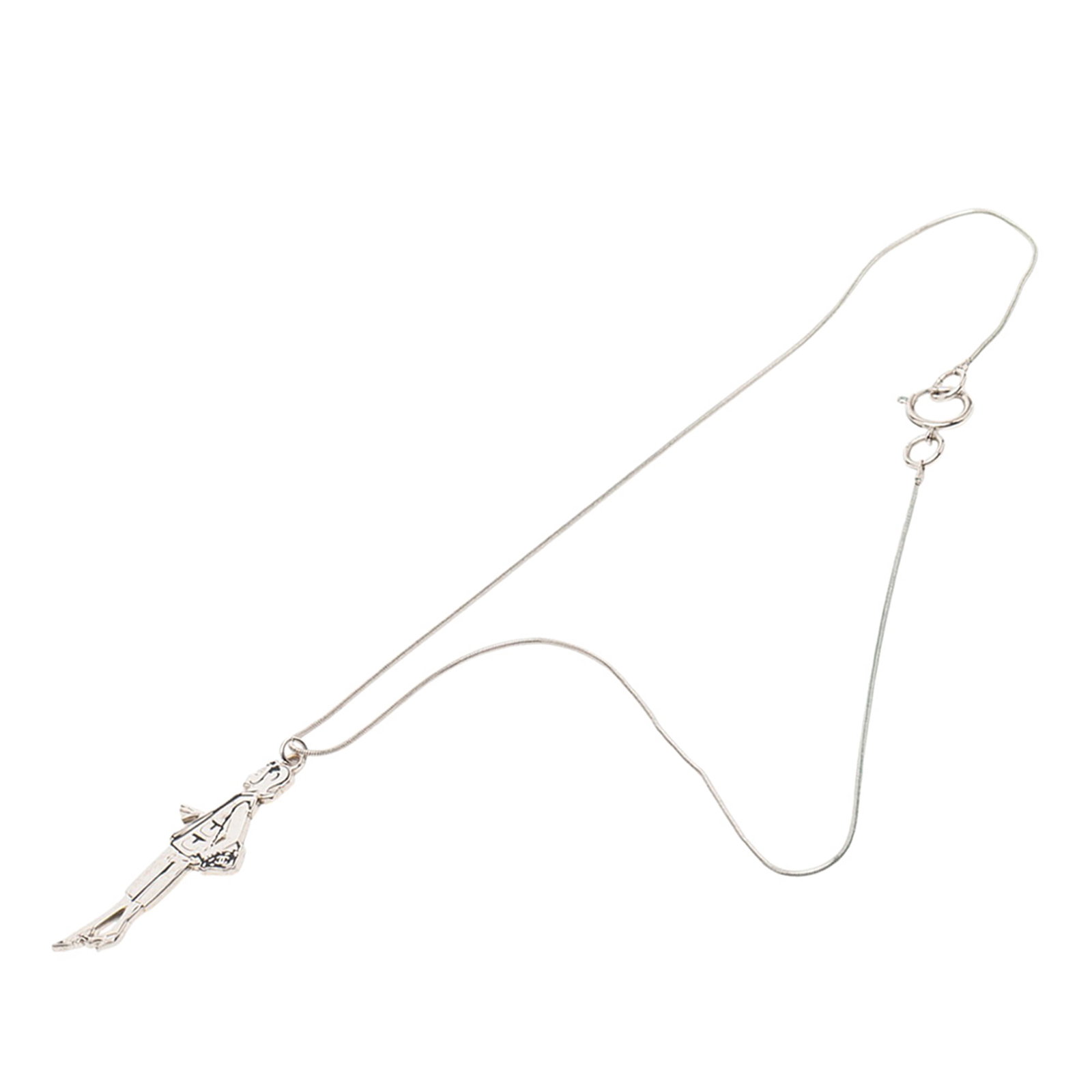 Chanel Mademoiselle Pendant Necklace Silver Plated Metal France: Chanel Mademoiselle Pendant Necklace Silver Plated Metal France This Chanel necklace features a silver plated metal body with a Mademoiselle pendant and a spring ring closure. The necklace showcases a