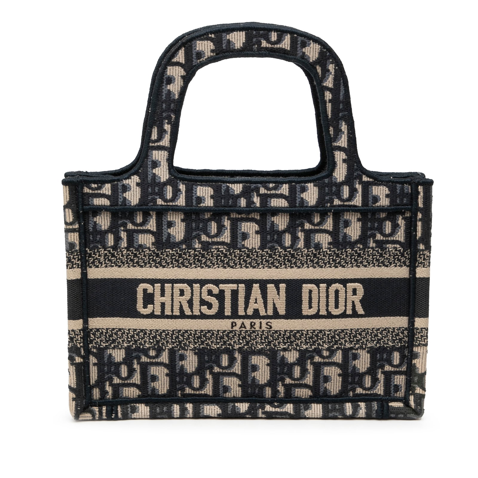 Dior Mini Book Tote in Blue Oblique Canvas Fabric with Top Handles: Dior Mini Book Tote in Blue Oblique Canvas Fabric with Top Handles This Dior Mini Oblique Canvas Book Tote features a blue canvas body with flat top handles and an open top design. The bag includes a 