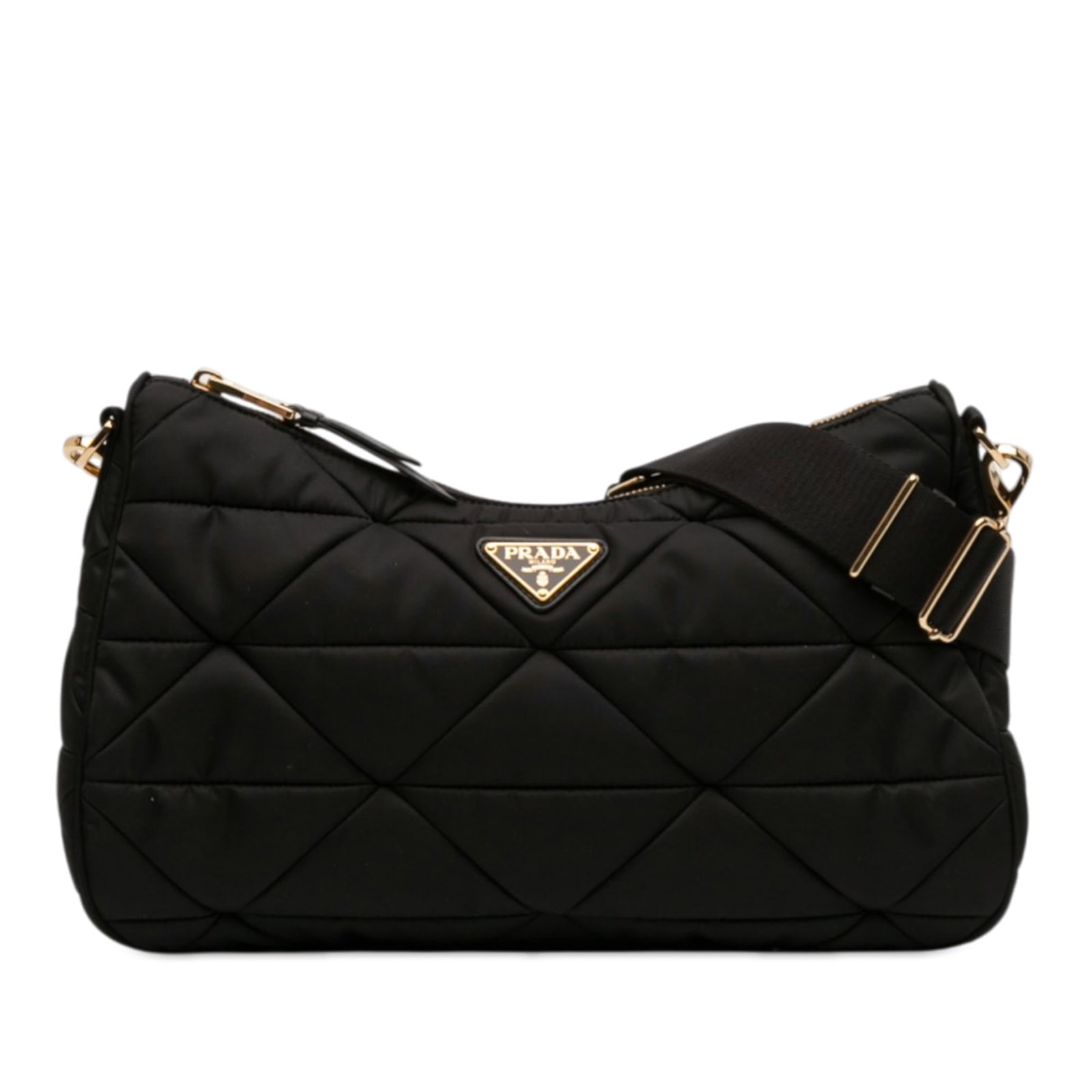 Prada Black Quilted Nylon Crossbody Bag with Detachable Strap and Pouch: Prada Black Quilted Nylon Crossbody Bag with Detachable Strap and Pouch This Prada Large Padded Re Nylon Crossbody bag features a quilted nylon body in black, complemented by a detachable and adjustab