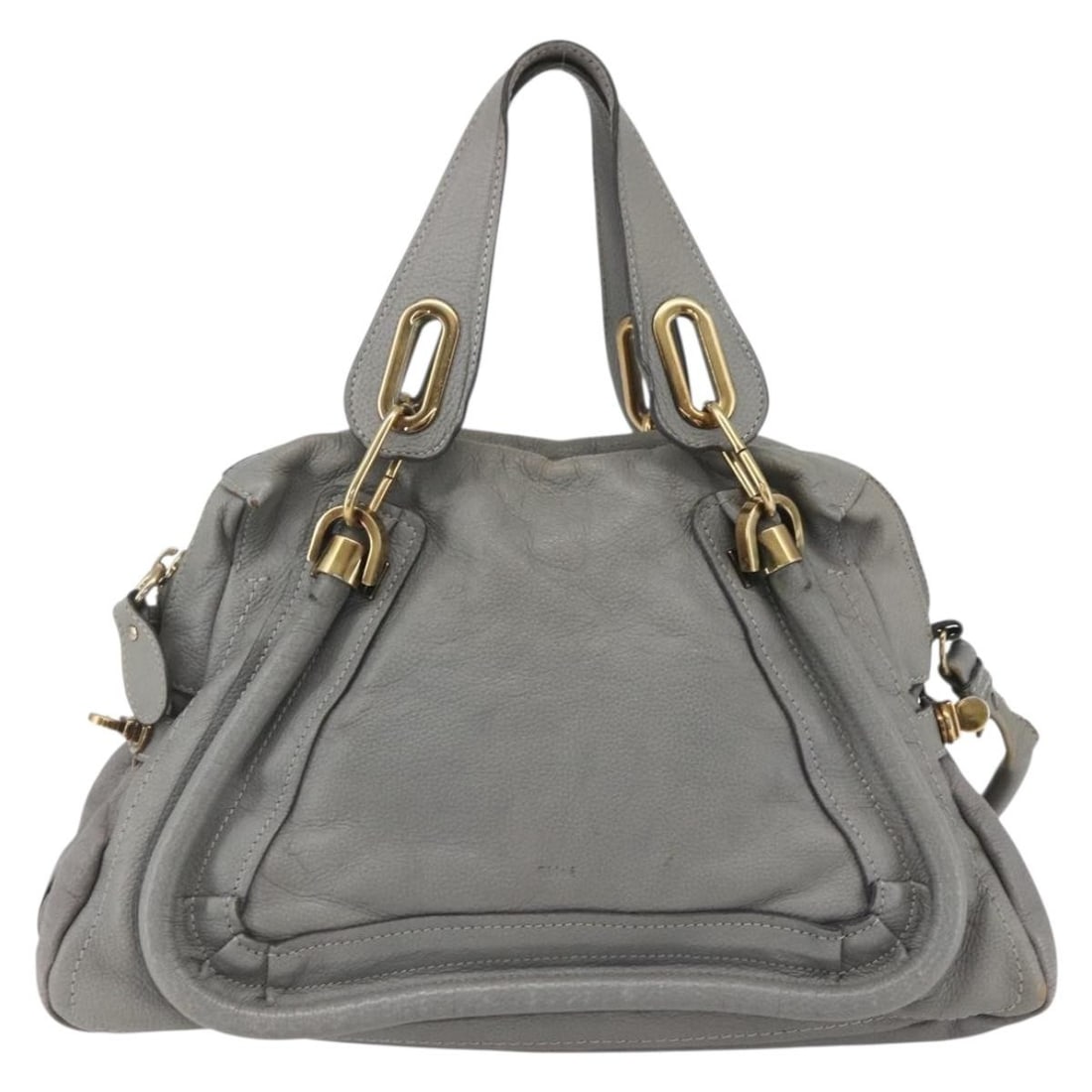 Gray Leather Top Handle Bag by Chloe Paraty 23cm x 23cm x 15cm: Gray Leather Top Handle Bag by Chloe Paraty 23cm x 23cm x 15cm This Chloe Paraty Top Handle Bag is crafted from leather in a gray color. Designed for women, it features a structured silhouette with a 