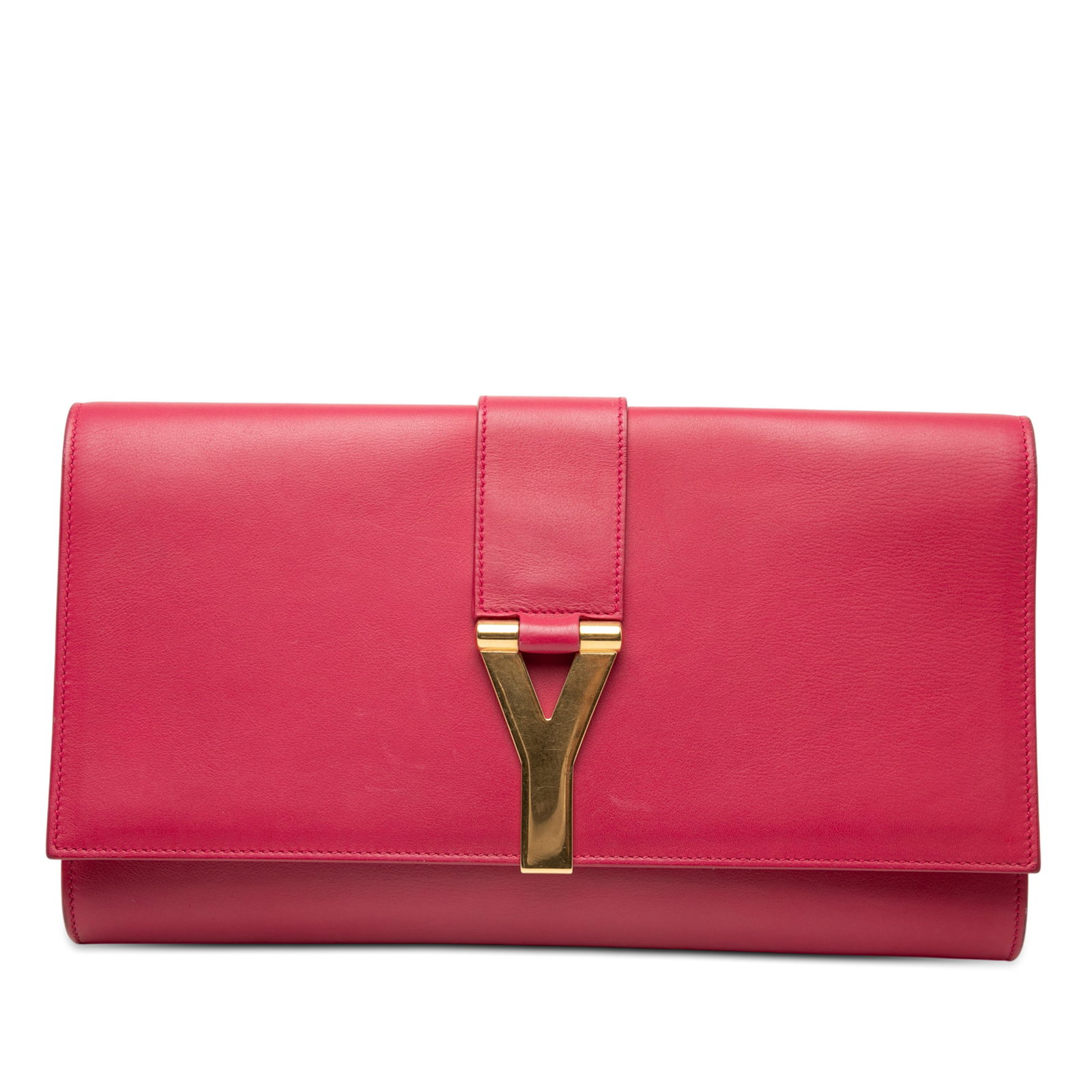 Saint Laurent Pink Leather Chyc Ligne Y Clutch Bag Italy: Saint Laurent Pink Leather Chyc Ligne Y Clutch Bag Italy This Saint Laurent Chyc Ligne Clutch is crafted from pink leather and features a front flap with signature gold-tone Y hardware and an interior