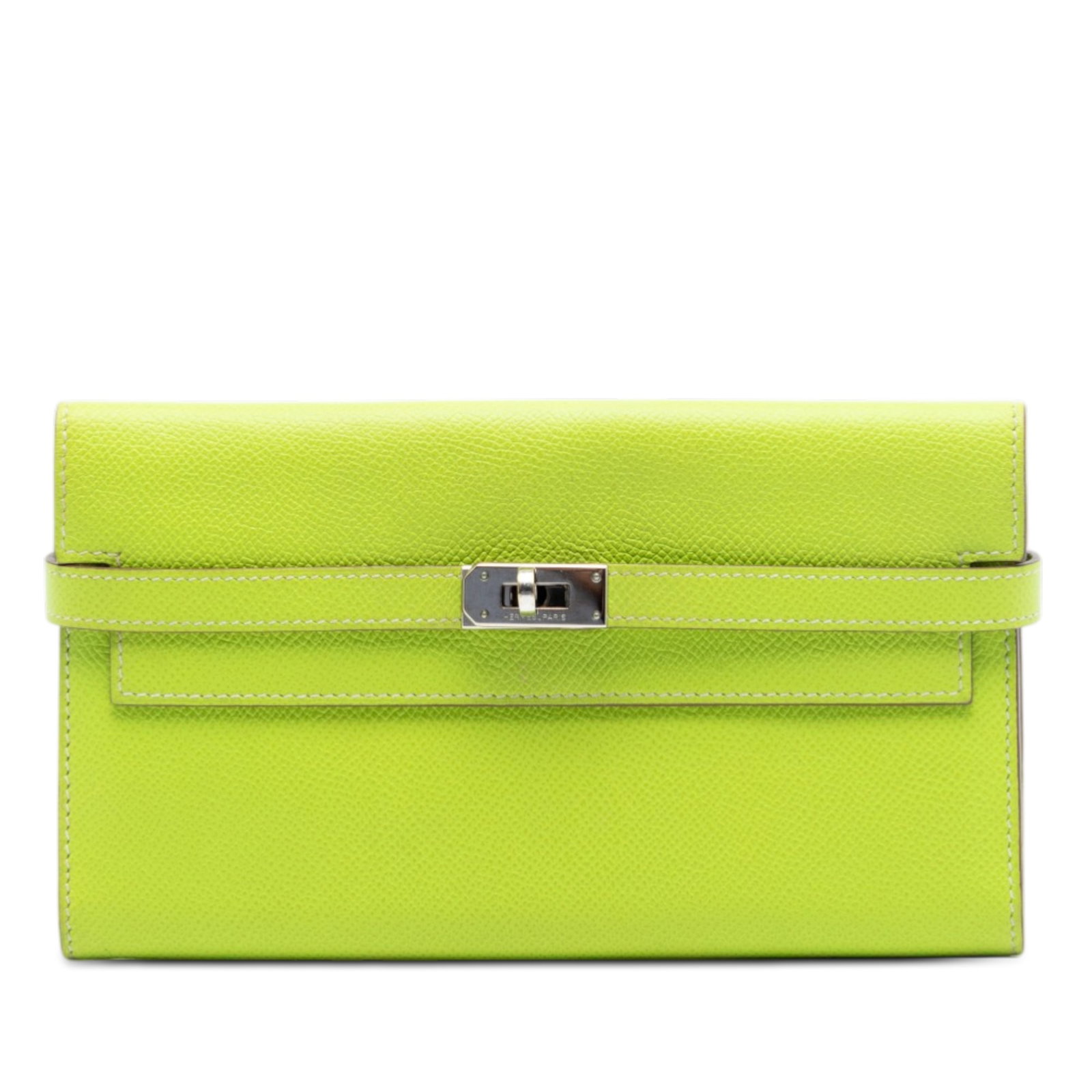Hermes Kelly Longue Wallet Chevre Mysore Vero Kiwi Green Leather: Hermes Kelly Longue Wallet Chevre Mysore Vero Kiwi Green Leather This Hermes Chevre Mysore Vero Kelly Longue Wallet features Epsom leather in a vibrant Kiwi color with a contrasting Lichen color inter
