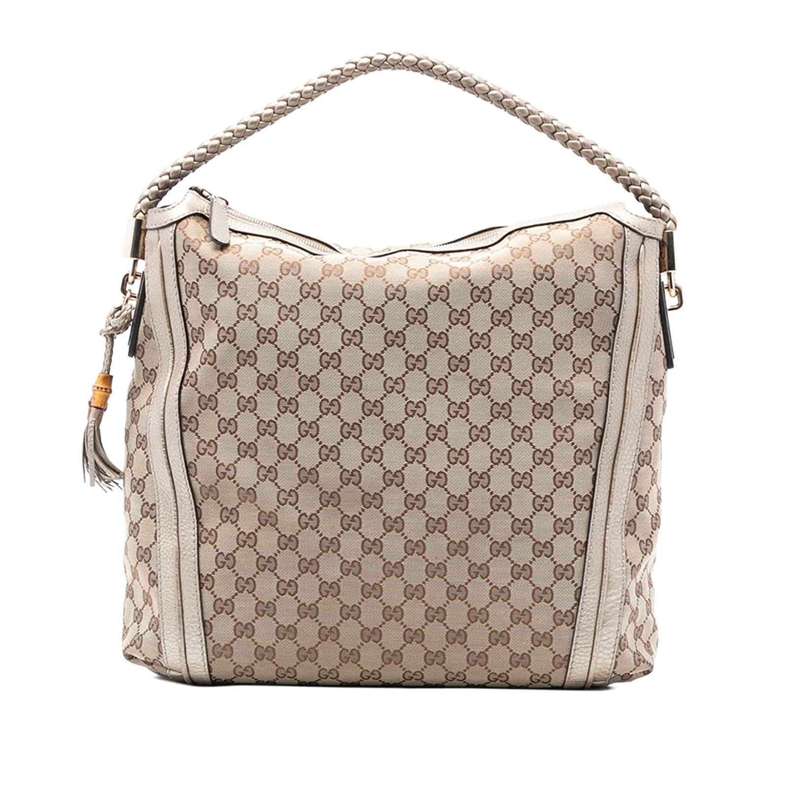 Gucci Bella Beige GG Canvas Shoulder Bag with Braided Leather Handle: Gucci Bella Beige GG Canvas Shoulder Bag with Braided Leather Handle This Gucci Large GG Canvas Bella Shoulder Bag features a beige canvas body with leather trim, a braided leather handle, a top zip c