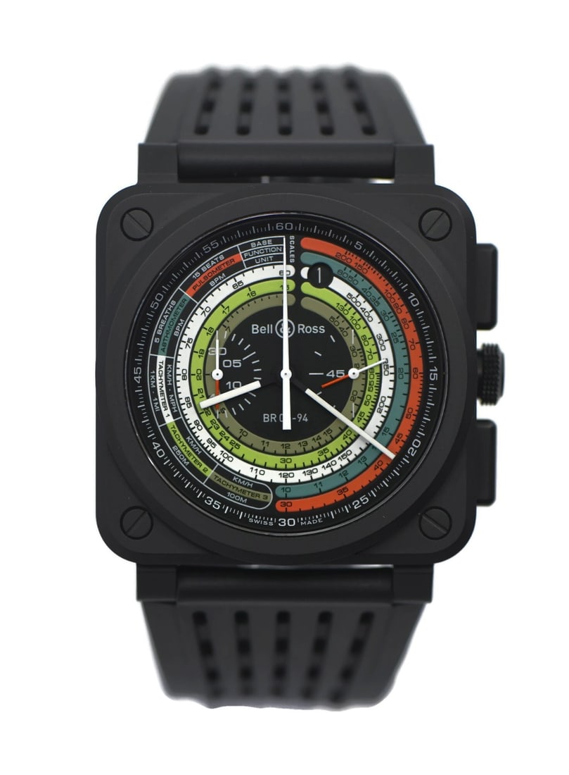 Aviation Multimeter Chronograph 42mm Ceramic Wristwatch by Bell & Ross: Aviation Multimeter Chronograph 42mm Ceramic Wristwatch by Bell & Ross The Bell & Ross Aviation Multimeter Chronograph Ceramic Watch BR0394 is a men's pilot/aviator wristwatch featuring a durable cera