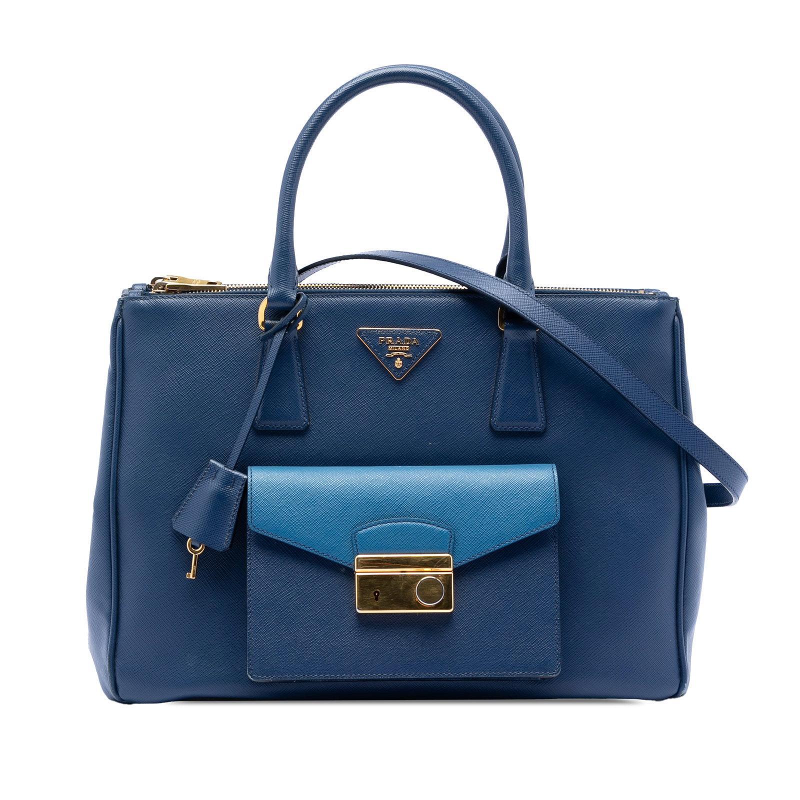 Prada Saffiano Lux Galleria Blue Leather Double Zip Satchel Bag: Prada Saffiano Lux Galleria Blue Leather Double Zip Satchel Bag This Prada Saffiano Lux Galleria Double Zip Front Pocket Satchel is crafted from blue saffiano leather and features rolled leather handl