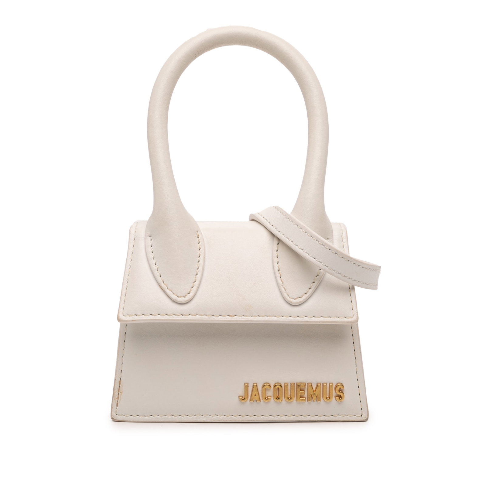 White Leather Le Chiquito Mini Handbag by Jacquemus: White Leather Le Chiquito Mini Handbag by Jacquemus The Jacquemus Le Chiquito Mini Bag is crafted from leather and features a rolled handle, a flat detachable shoulder strap, and a fold-over top. This