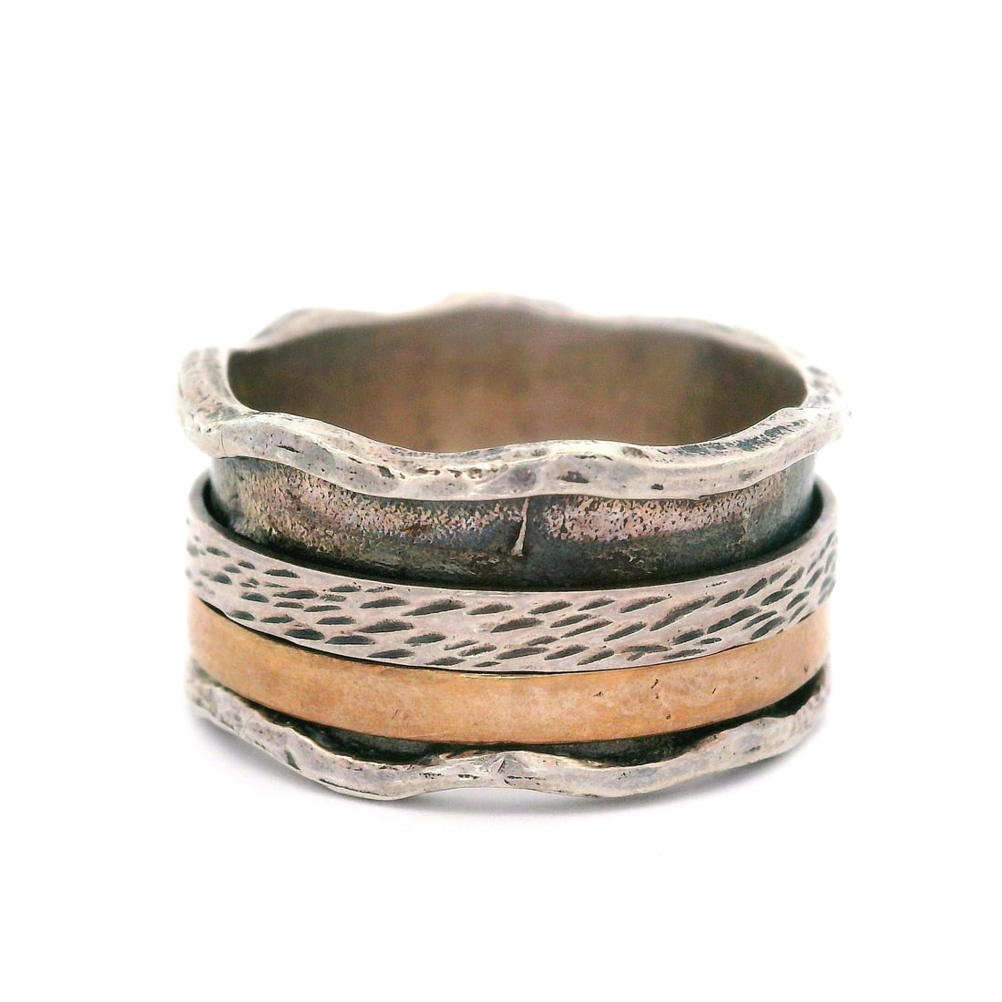 Vintage Rose Gold Plated Sterling Silver Spinner Band Ring Size 8: Vintage Rose Gold Plated Sterling Silver Spinner Band Ring Size 8 This Vintage Sterling Silver Hammered Finish Scalloped Edge Spinner Unisex Band Ring is a timeless piece that combines elegance and fu