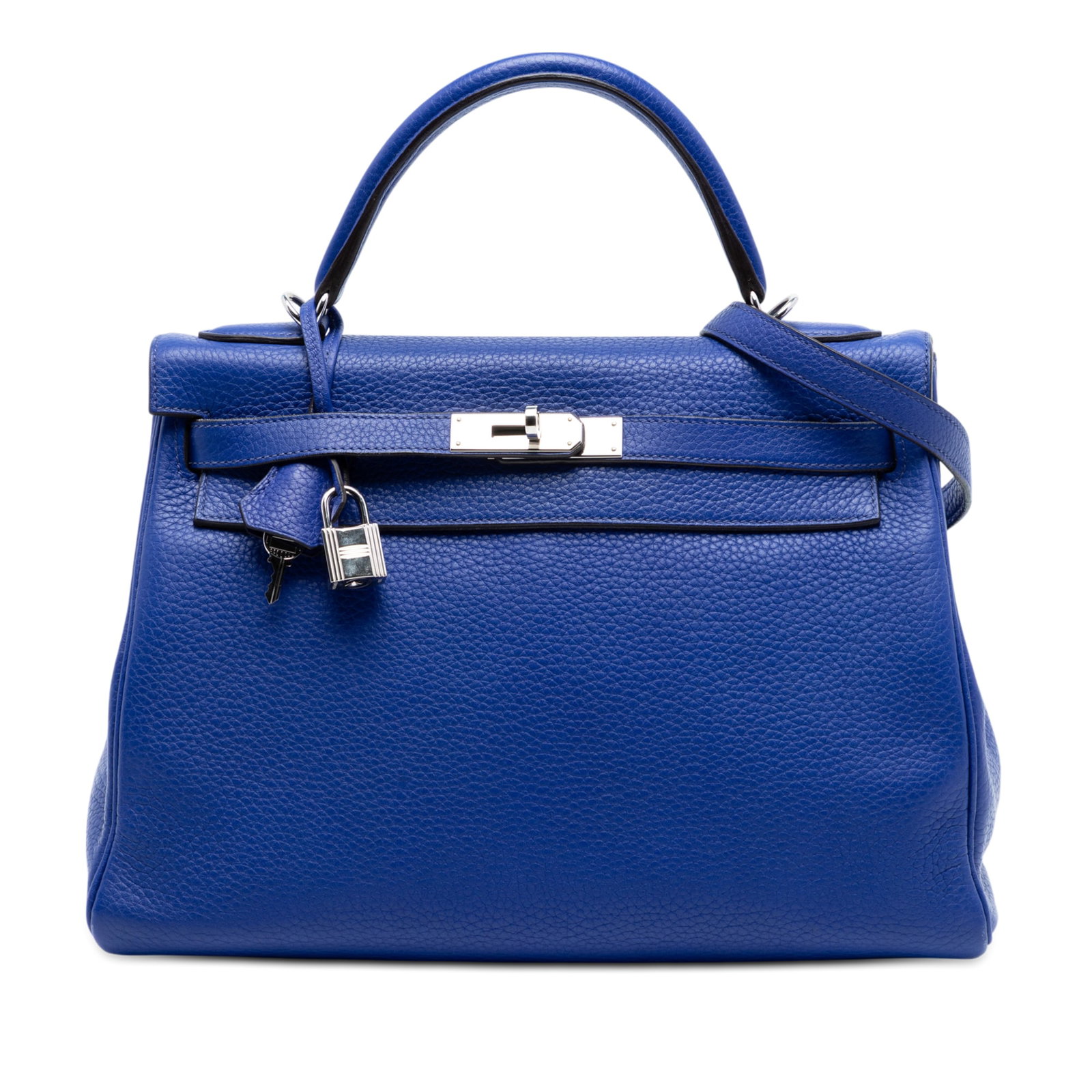 Hermes Kelly II Retourne 32 Clemence Leather Top Handle Bag Blue: Hermes Kelly II Retourne 32 Clemence Leather Top Handle Bag Blue The Hermes Clemence Kelly II Retourne 32 is crafted from Clemence leather in Bleu Electrique, featuring a rolled leather top handle and