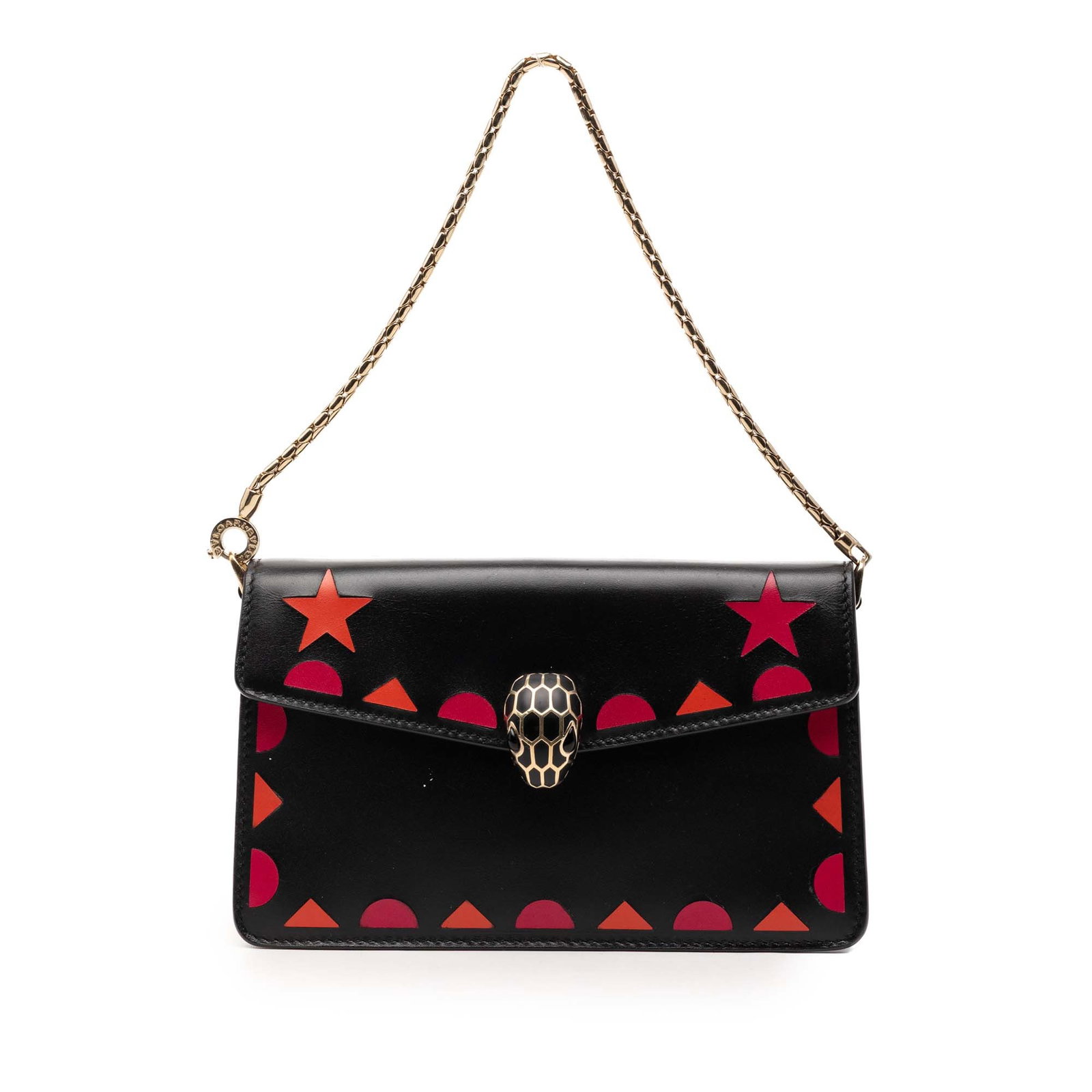 Bvlgari Serpenti Forever Mini Leather Clutch with Stars and Geometric Patches: Bvlgari Serpenti Forever Mini Leather Clutch with Stars and Geometric Patches This Bvlgari Serpenti Forever Mini Clutch is crafted from black calfskin leather and features geometric and star patch det