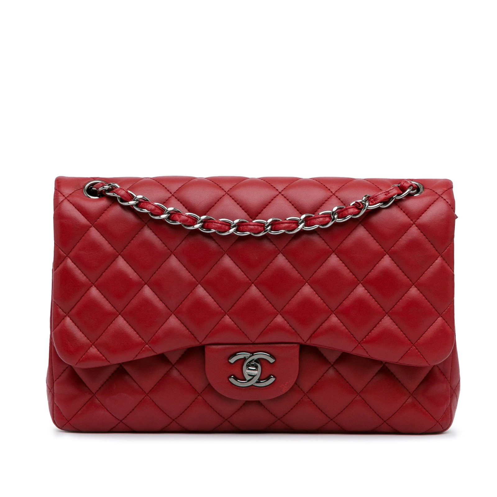 Chanel Jumbo Classic Red Lambskin Double Flap Bag: Chanel Jumbo Classic Red Lambskin Double Flap Bag This Chanel Jumbo Classic Lambskin Double Flap shoulder bag is a luxurious accessory crafted from quilted lambskin leather in a striking red color. It
