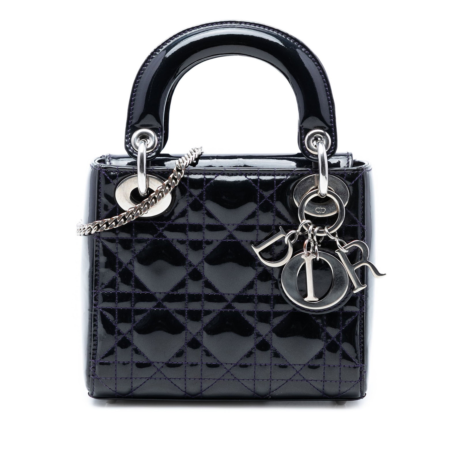 Dior Lady Dior Mini Purple Patent Cannage Quilted Leather Bag: Dior Lady Dior Mini Purple Patent Cannage Quilted Leather Bag This Lady Dior bag showcases a quilted patent leather design in a striking purple color. It features flat leather top handles, a detachabl