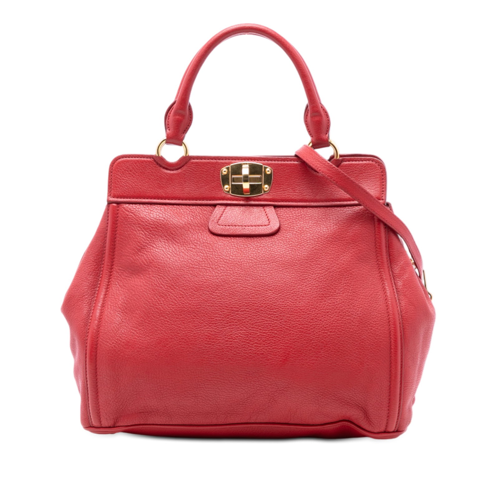 Red Nappa Leather Satchel with Turn Lock and Top Handle by Miu Miu: Red Nappa Leather Satchel with Turn Lock and Top Handle by Miu Miu This Miu Miu Nappa Turn Lock Frame Top Handle Bag features a red nappa leather body with rolled leather handles and a detachable flat