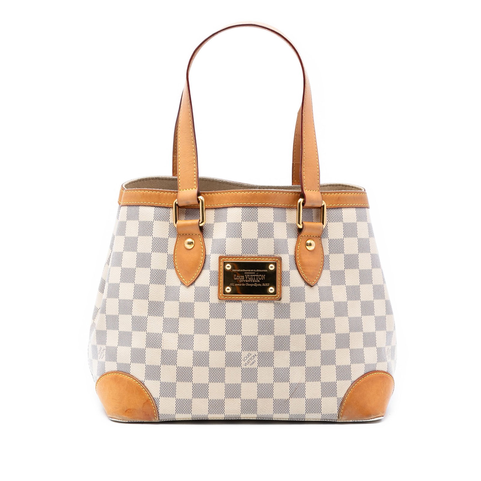 Louis Vuitton Hampstead PM Tote in Damier Azur Canvas with Vachetta Trim: Louis Vuitton Hampstead PM Tote in Damier Azur Canvas with Vachetta Trim The Louis Vuitton Damier Azur Hampstead PM features a white damier azur canvas body with vachetta leather trim and flat vachett