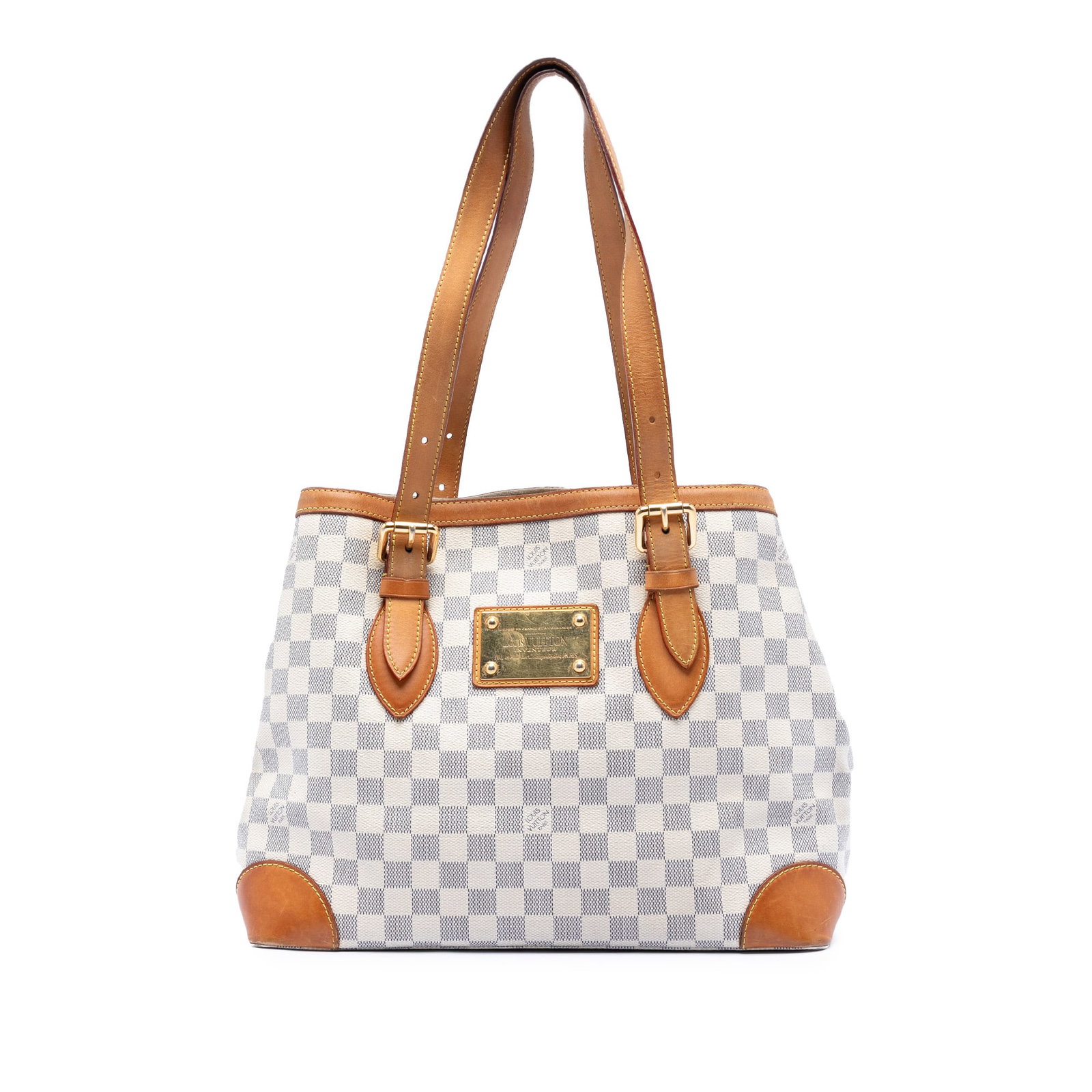 Louis Vuitton Hampstead MM White Damier Azur Canvas Shoulder Bag: Louis Vuitton Hampstead MM White Damier Azur Canvas Shoulder Bag This Louis Vuitton Damier Azur Hampstead MM features a damier canvas exterior with flat vachetta leather shoulder straps. The bag inclu
