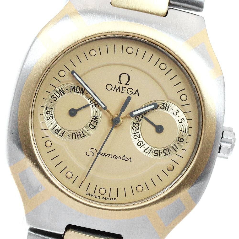 OMEGA Seamaster Polaris Quartz Day-Date Men's Wristwatch: OMEGA Seamaster Polaris Quartz Day-Date Men's Wristwatch This OMEGA Seamaster Polaris Day-Date Quartz wristwatch is designed for men and features a stainless steel and yellow gold case and band. The w