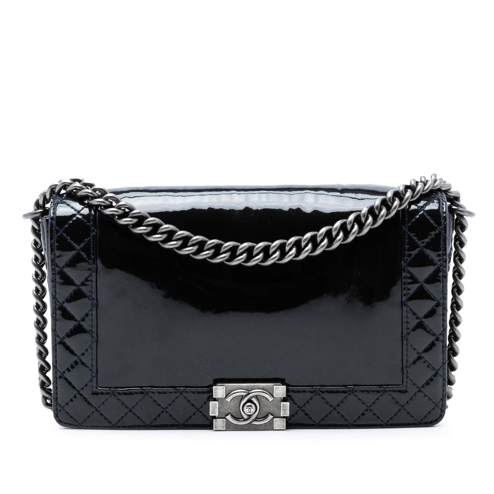 Black Patent Leather Medium Boy Reverso Shoulder Bag by Chanel: Black Patent Leather Medium Boy Reverso Shoulder Bag by Chanel This Chanel Medium Patent Boy Reverso Flap bag showcases a patent leather exterior in black, featuring a chain link shoulder strap with a
