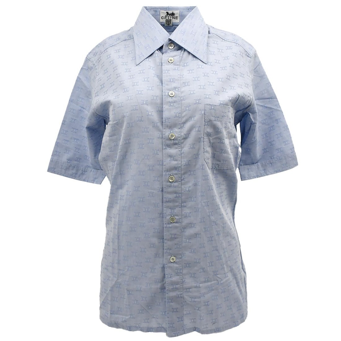 Celine Vintage Light Blue Cotton Collared Short Sleeve Shirt Size 36: Celine Vintage Light Blue Cotton Collared Short Sleeve Shirt Size 36 This Celine short sleeve shirt features a light blue color and is crafted from 100% cotton. Designed with a collared neckline and b