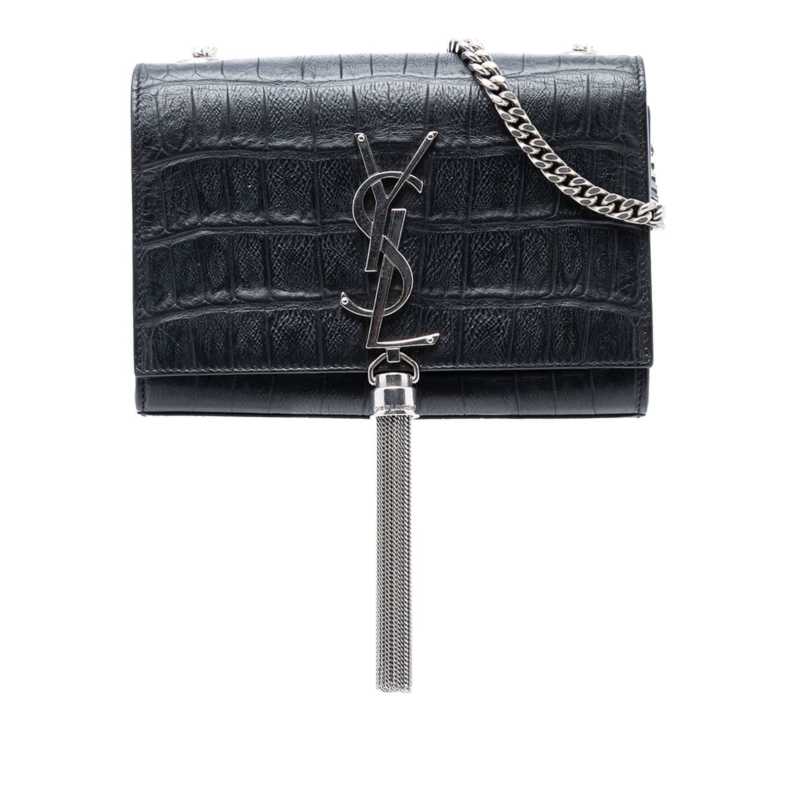 Black Leather Kate Tassel Shoulder Bag by Saint Laurent Small Croc Embossed (1 of 7)