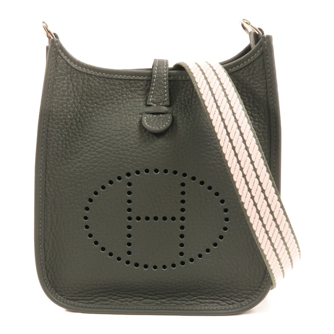 Hermes Evelyne TPM Green Clemence Leather Shoulder Bag with Palladium Hardware: Hermes Evelyne TPM Green Clemence Leather Shoulder Bag with Palladium Hardware This Hermes Evelyne TPM shoulder bag is crafted from Taurillon Clemence calfskin leather in a rich green color. Designed 