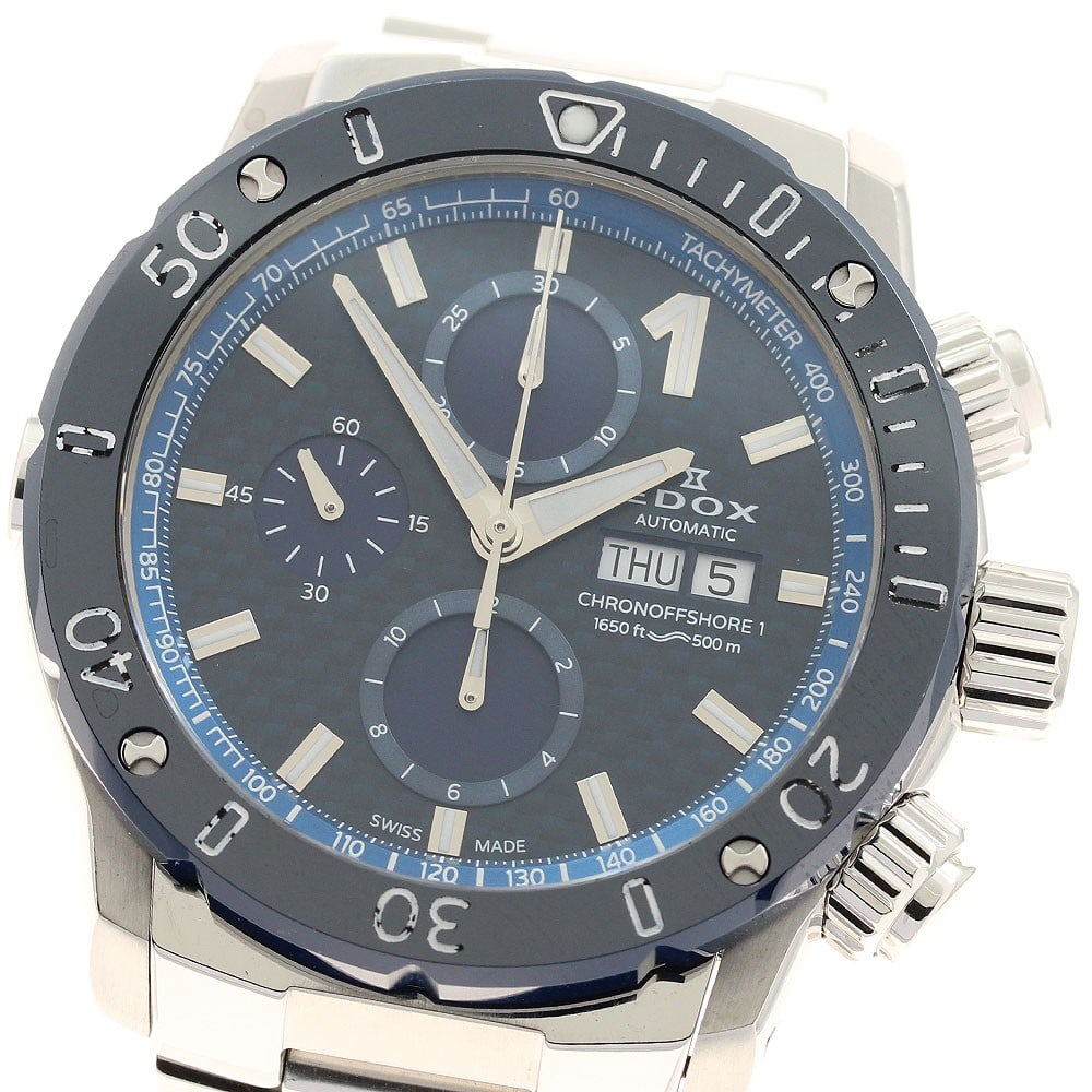EDOX Chrono Offshore 1 automatic chronograph men's wristwatch 01122: EDOX Chrono Offshore 1 automatic chronograph men's wristwatch 01122 This Edox Chrono Offshore 1 Day-Date Chronograph men's wristwatch features a robust stainless steel case and bracelet with a black d