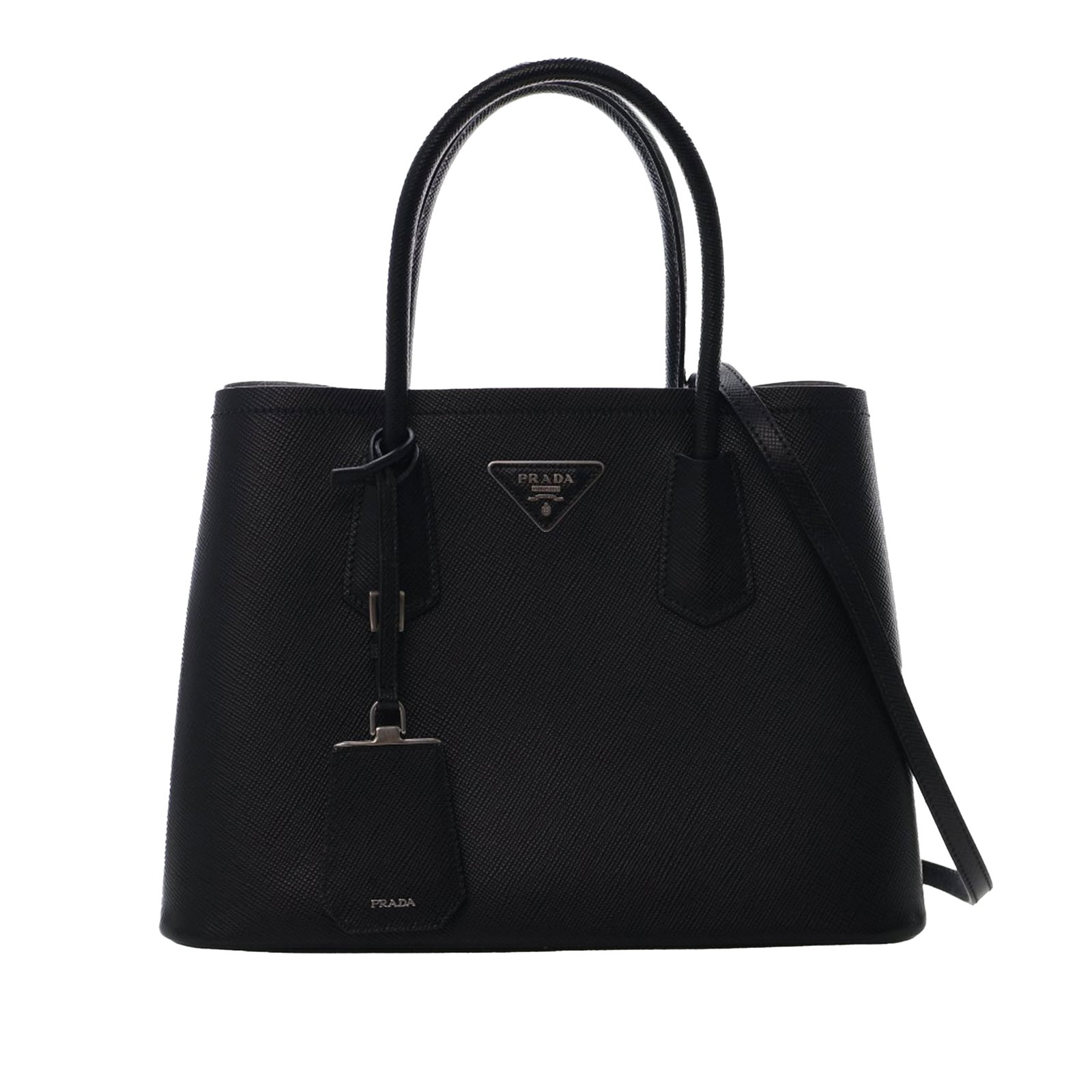 Prada Medium Saffiano Leather Double Handle Black Satchel Bag: Prada Medium Saffiano Leather Double Handle Black Satchel Bag This Prada Medium Saffiano Cuir Double Satchel is crafted from saffiano leather and features rolled leather handles, a detachable flat lea