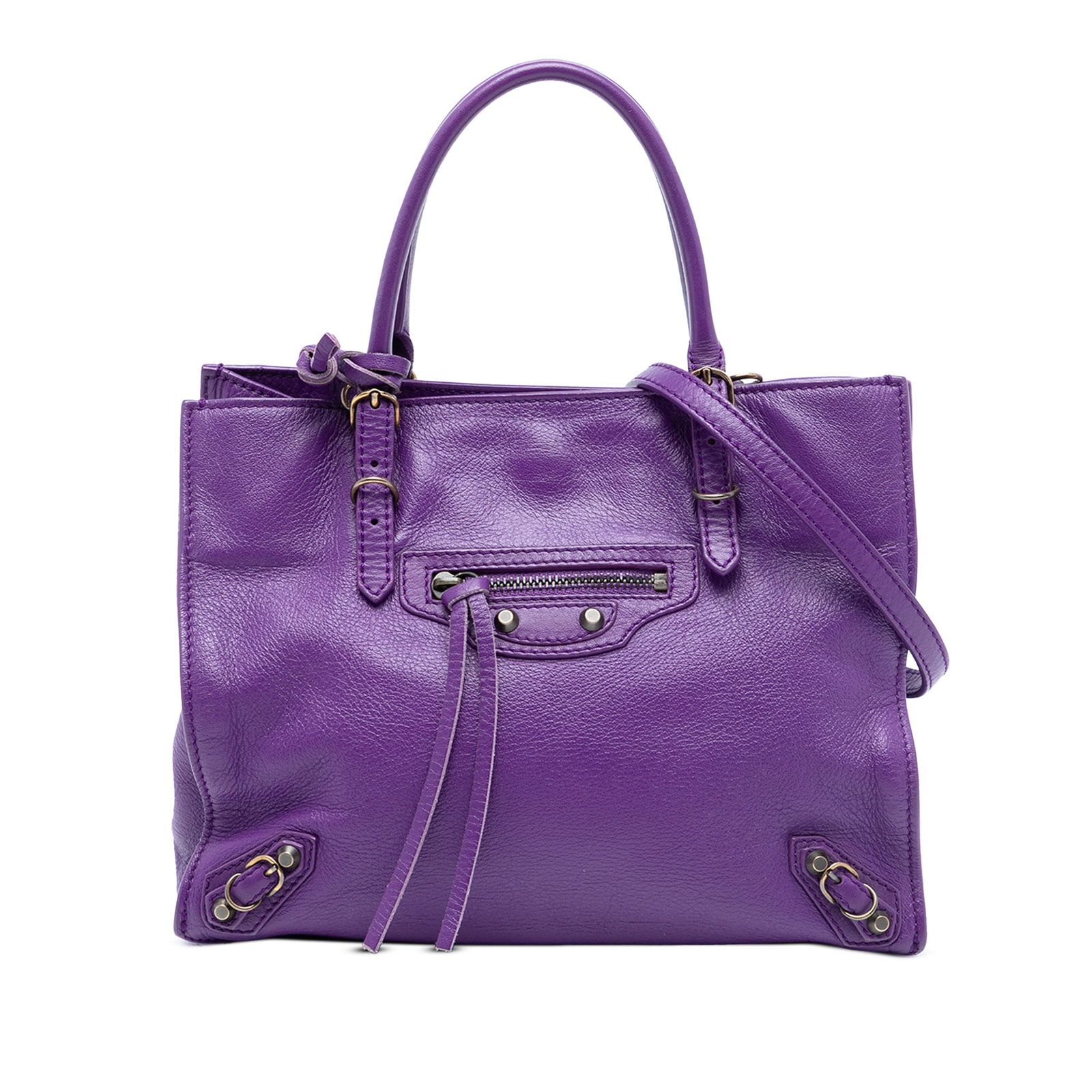 Balenciaga Mini Papier A4 Purple Leather Tote with Zip Closure: Balenciaga Mini Papier A4 Purple Leather Tote with Zip Closure This Balenciaga Mini Leather Papier A4 Zip Around Tote features a leather body in purple, rolled leather straps, and a detachable flat le