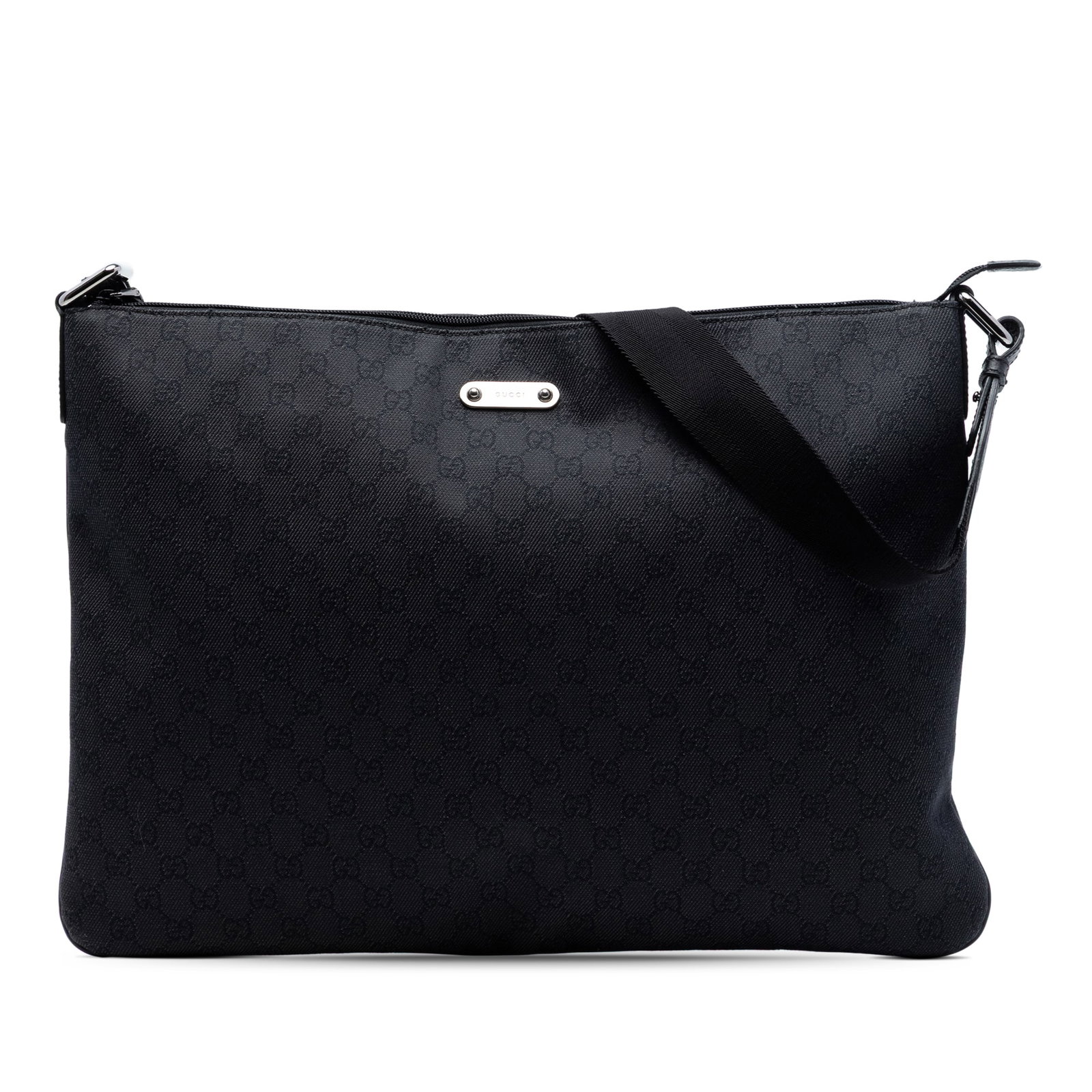 Gucci GG Denim Black Fabric Crossbody Bag with Zip Closure: Gucci GG Denim Black Fabric Crossbody Bag with Zip Closure This Gucci GG Denim Crossbody bag features a denim body in black, a flat strap, a top zip closure, and an interior zip pocket. The bag is cra