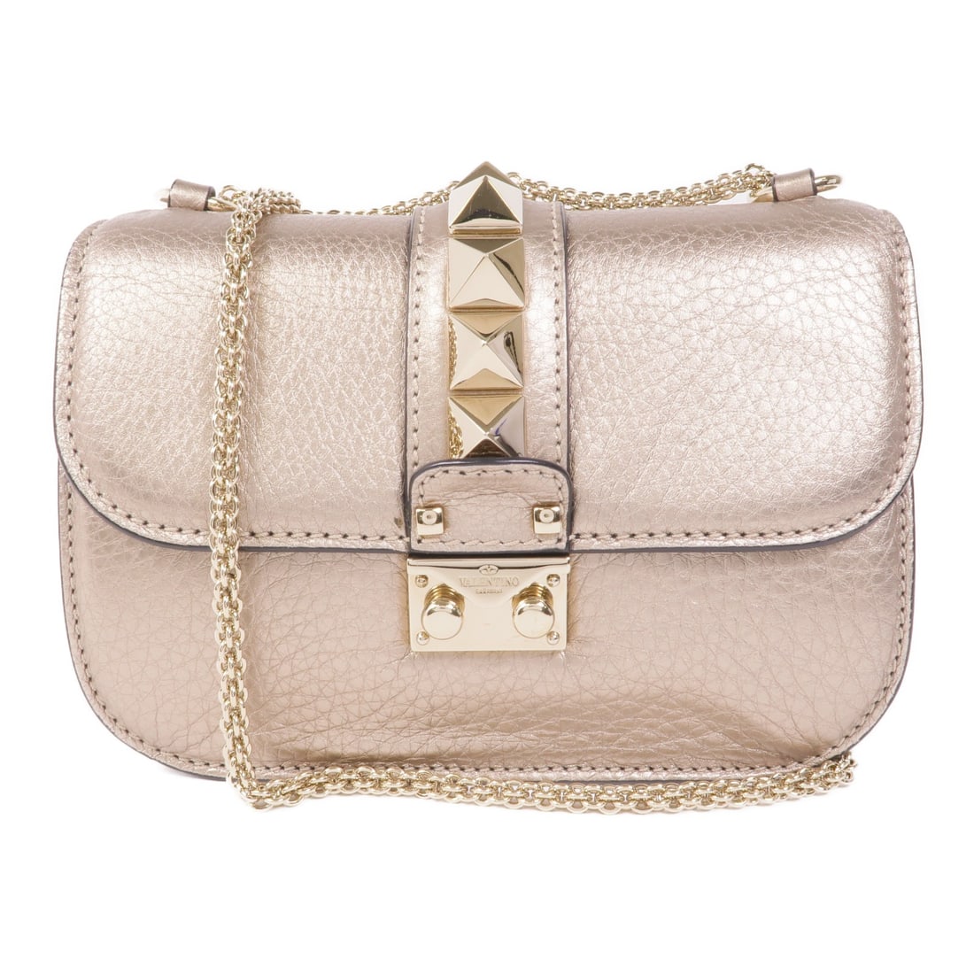 Valentino Gold Calfskin Chain Shoulder Bag GHW: Valentino Gold Calfskin Chain Shoulder Bag GHW Elevate your accessory collection with this Valentino Chain Shoulder Bag. Crafted from luxurious calfskin leather, this bag showcases a stunning gold ext
