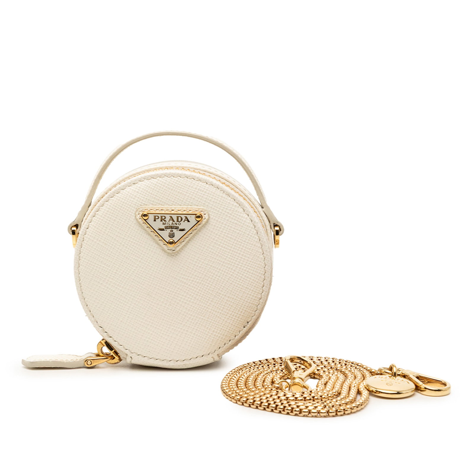 White Prada Saffiano Leather Mini Triangle Satchel with Chain Strap: White Prada Saffiano Leather Mini Triangle Satchel with Chain Strap This Prada Mini Saffiano Triangle Pouch is crafted from saffiano leather and features a flat leather handle, a detachable chain stra