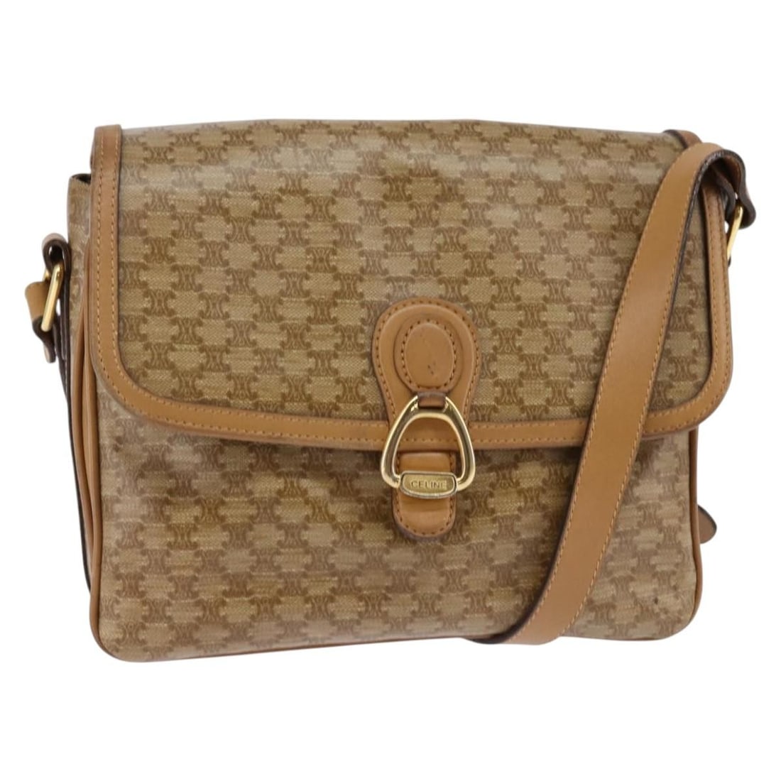 Celine Macadam Beige Canvas Shoulder Bag with Leather Trim: Celine Macadam Beige Canvas Shoulder Bag with Leather Trim This pre-owned Celine Macadam shoulder bag features a beige canvas exterior with leather accents. Designed for women, it offers a classic sil