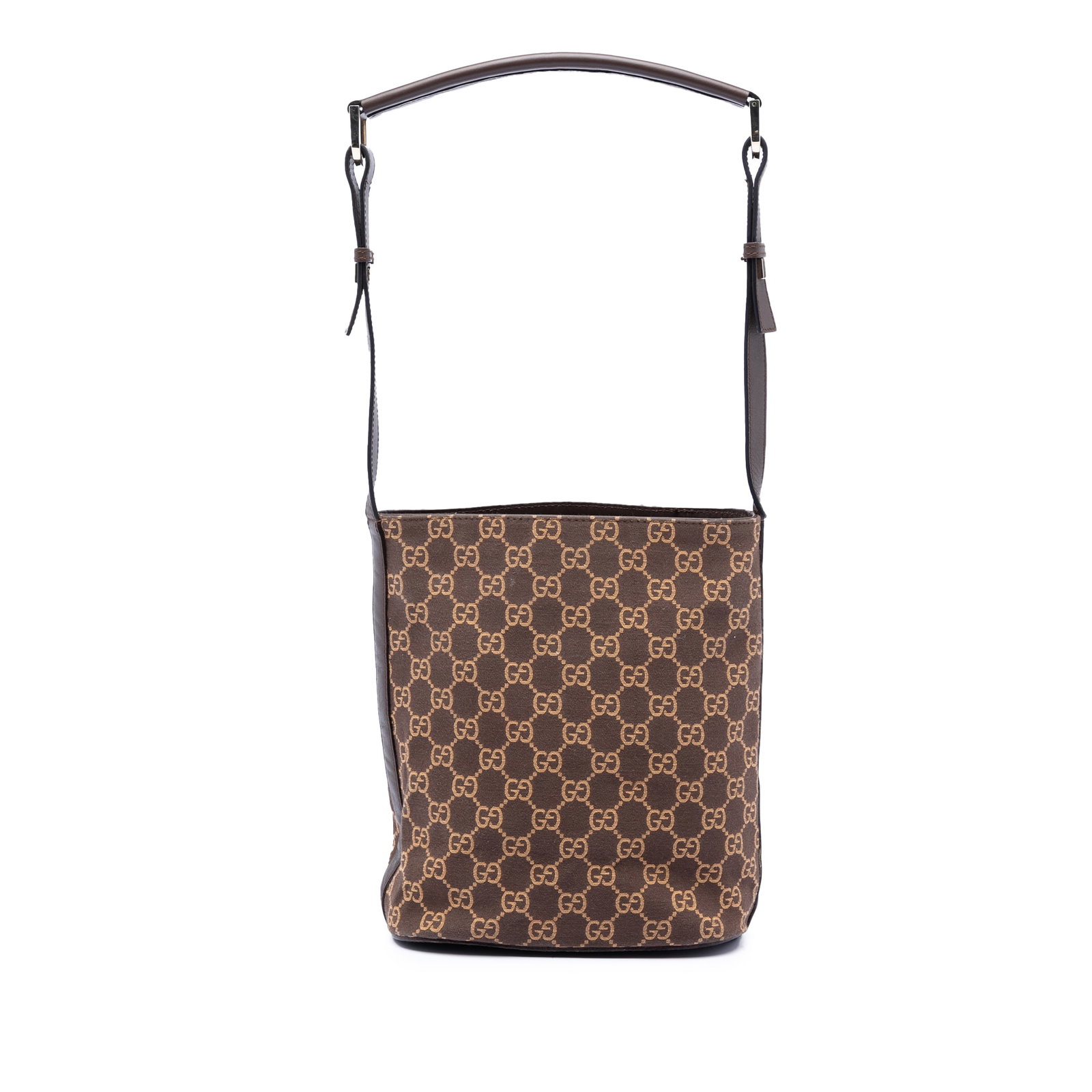 Gucci Brown GG Canvas Shoulder Bag with Leather Trim: Gucci Brown GG Canvas Shoulder Bag with Leather Trim This Gucci GG Canvas Shoulder Bag features a brown canvas body with leather trim and a flat leather strap. The bag has an open top and includes an 