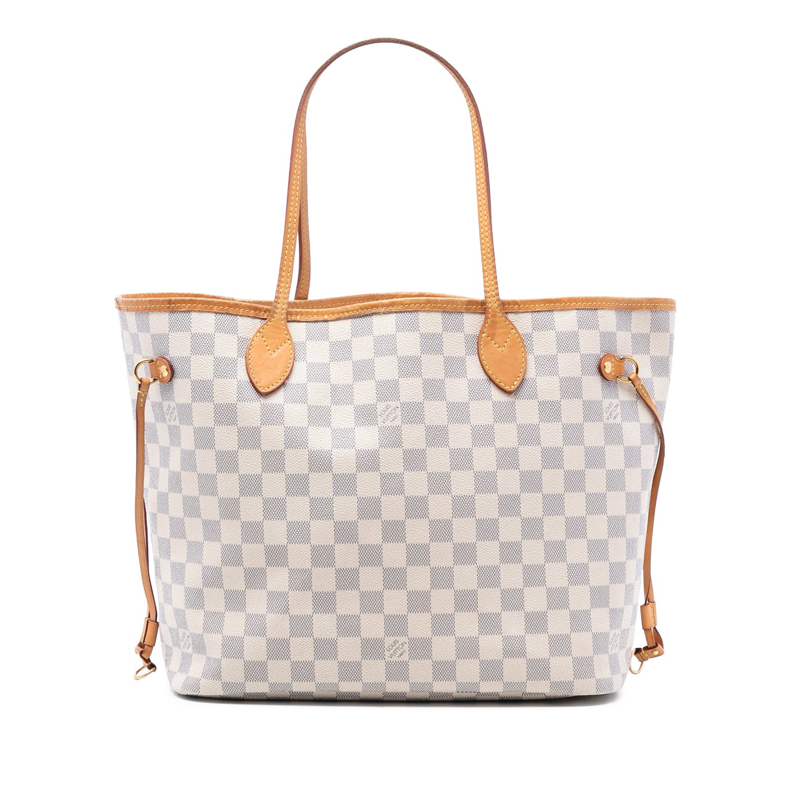 Louis Vuitton Neverfull MM Tote in Damier Azur Canvas with Leather Trim: Louis Vuitton Neverfull MM Tote in Damier Azur Canvas with Leather Trim This Louis Vuitton Damier Azur Neverfull MM features a Damier Azur canvas body accented with vachetta leather trim and flat vach