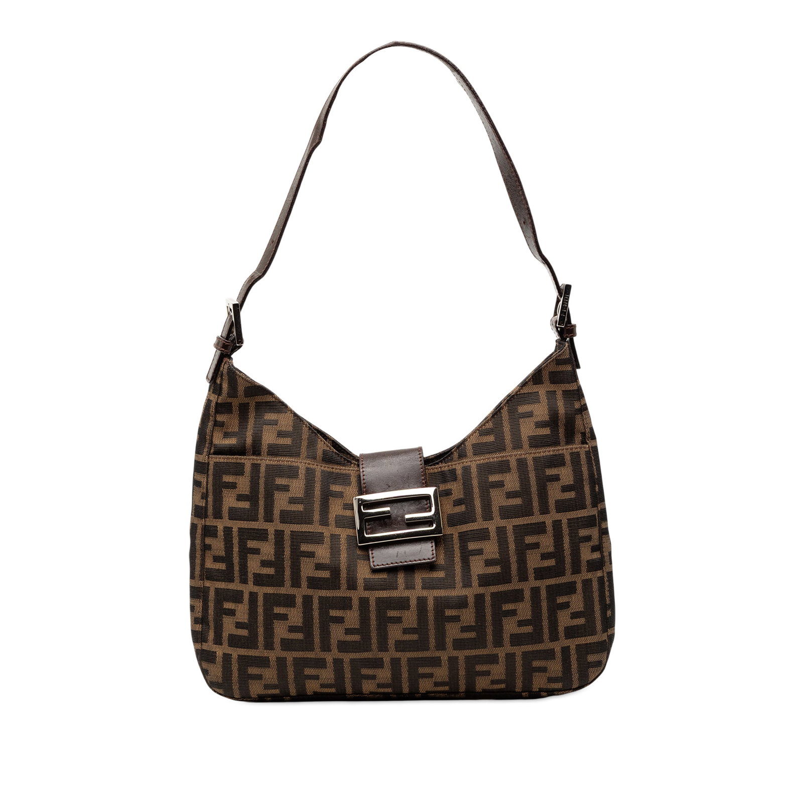 Fendi Zucca Pattern Fabric Shoulder Purse with Adjustable Leather Strap: Fendi Zucca Pattern Fabric Shoulder Purse with Adjustable Leather Strap This Fendi Zucca Canvas Shoulder Bag features a brown canvas exterior with an adjustable flat leather strap. The open top is sec