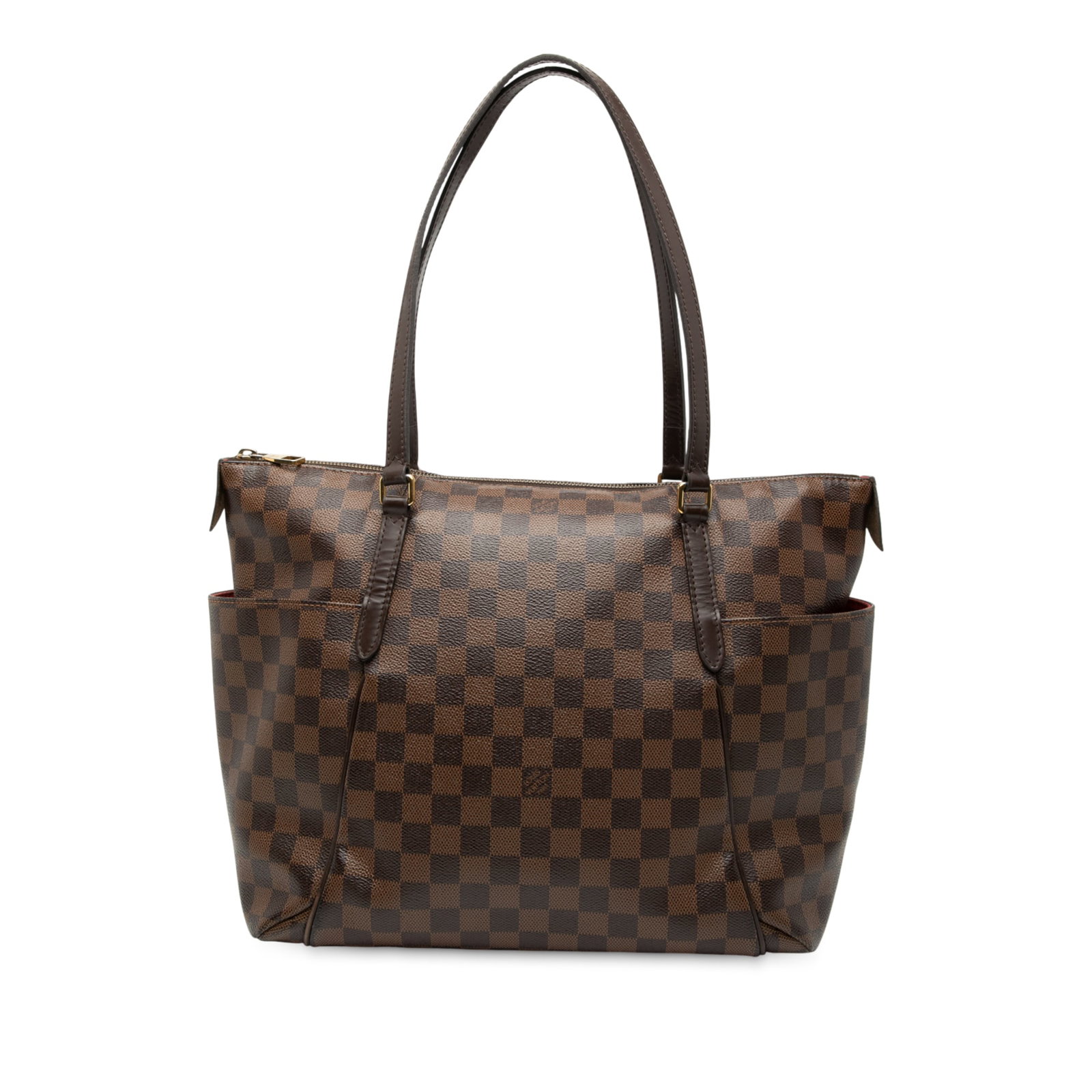 Damier Ebene Canvas Totally MM Shoulder Bag by Louis Vuitton: Damier Ebene Canvas Totally MM Shoulder Bag by Louis Vuitton The Louis Vuitton Damier Ebene Totally MM features a signature Damier canvas exterior with leather trim, flat leather straps, a top zip clo