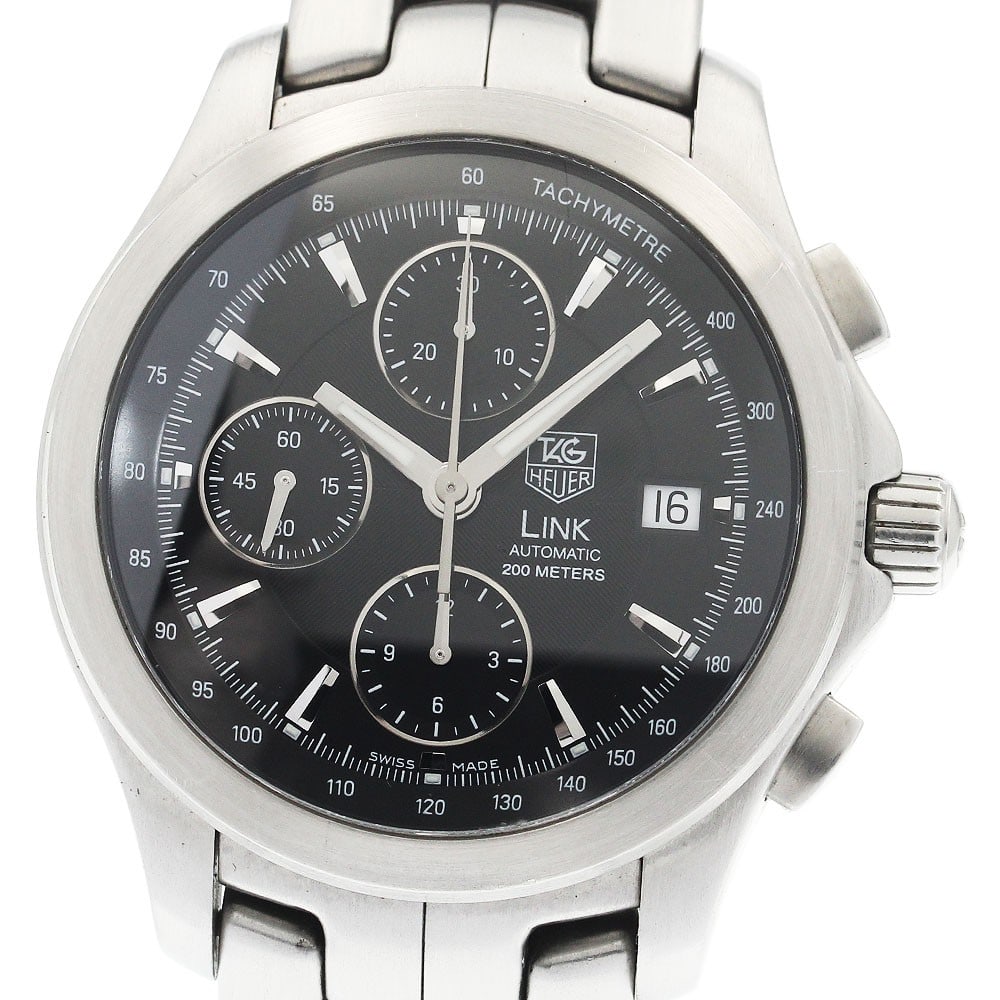 TAG Heuer Link CJF2110 Automatic Chronograph Men's Wristwatch: TAG Heuer Link CJF2110 Automatic Chronograph Men's Wristwatch This TAG Heuer Link Chronograph Date men's wristwatch features a stainless steel case and bracelet with a black dial. The watch is powered