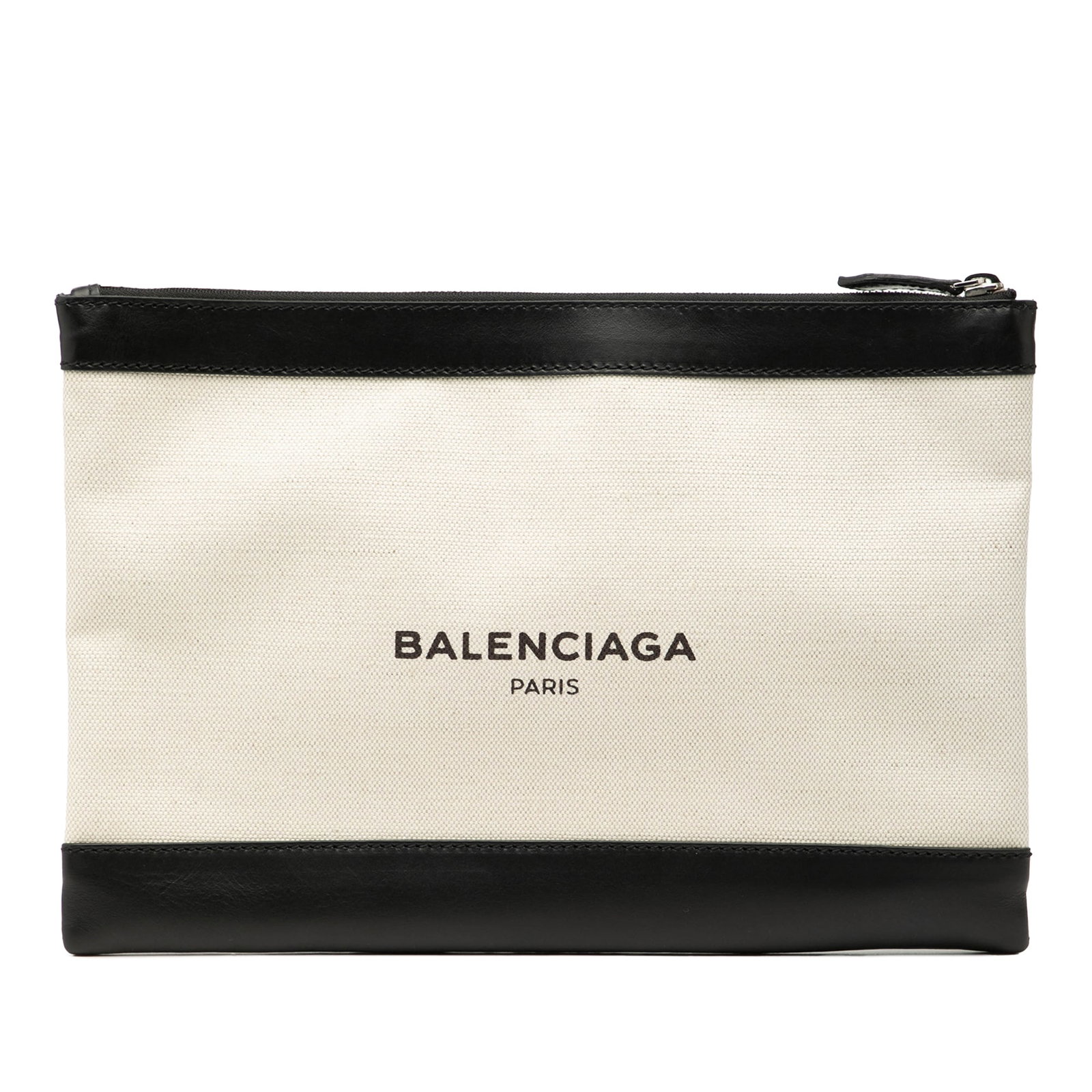 Balenciaga Navy Canvas Clutch Bag with Leather Trim and Zip Top: Balenciaga Navy Canvas Clutch Bag with Leather Trim and Zip Top This Balenciaga M Canvas Navy Clip Clutch features a canvas body with leather trim and a top zip closure. The clutch is designed in a wh