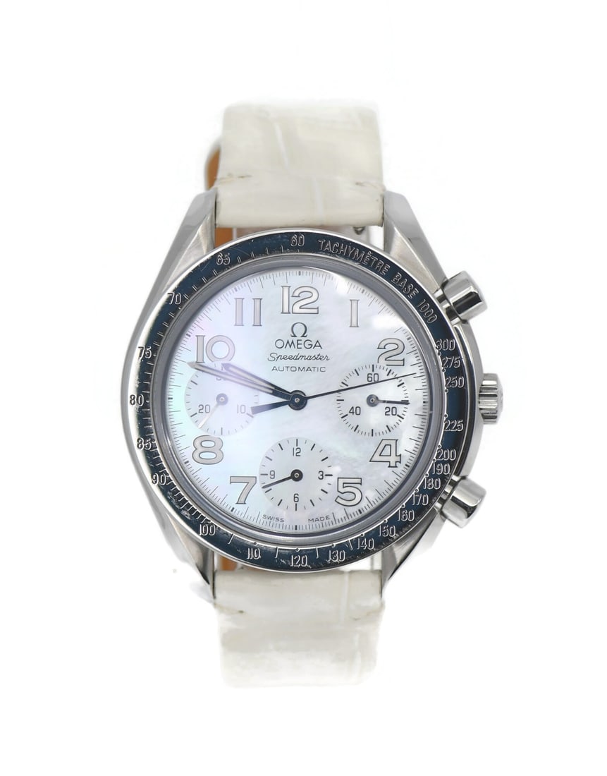 Omega Speedmaster Chronograph Stainless Steel Watch Ref 3834.70.36 with Box: Omega Speedmaster Chronograph Stainless Steel Watch Ref 3834.70.36 with Box This Omega Speedmaster Chronograph is a stunning wristwatch crafted from stainless steel. It features a sleek white dial and