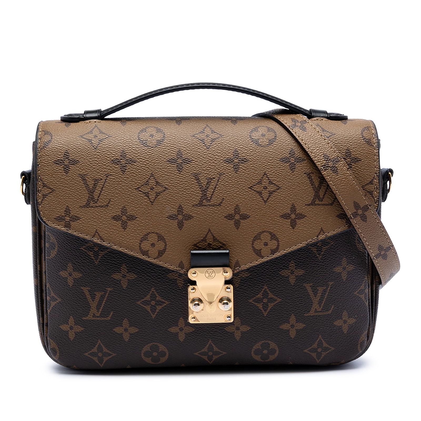 Louis Vuitton Pochette Metis Reverse Monogram Canvas Shoulder Bag: Louis Vuitton Pochette Metis Reverse Monogram Canvas Shoulder Bag The Louis Vuitton Monogram Reverse Pochette Metis features a monogram canvas body with a flat top handle and a detachable shoulder str