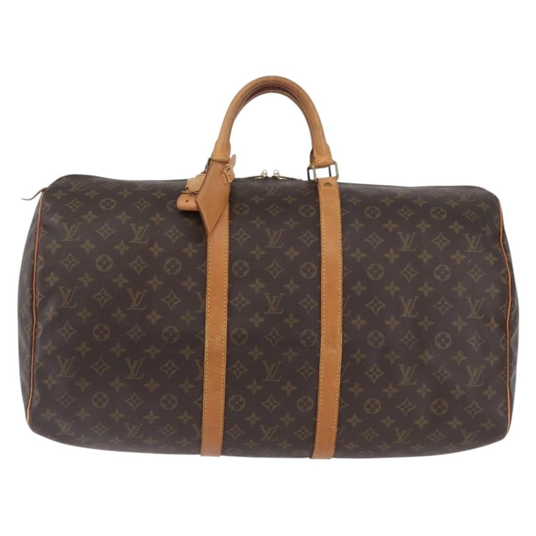 Louis Vuitton Monogram Canvas Keepall Unisex Travel Bag 55cm: Louis Vuitton Monogram Canvas Keepall Unisex Travel Bag 55cm This Louis Vuitton Keepall Bag features the iconic Monogram canvas in brown, designed as a unisex travel accessory. The bag shows signs of 