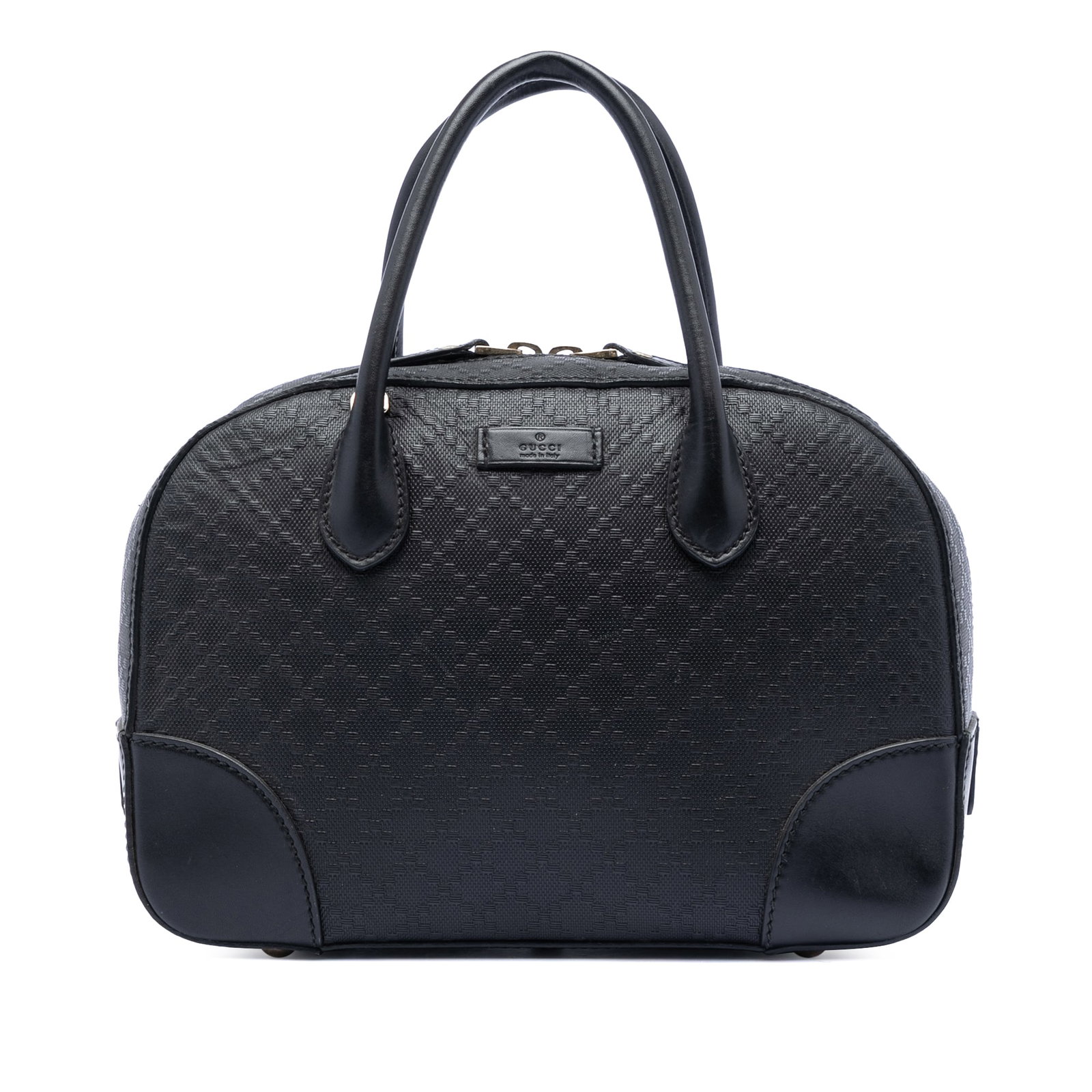 Gucci Diamante Embossed Black Leather Bright Satchel Handbag Italy: Gucci Diamante Embossed Black Leather Bright Satchel Handbag Italy This Gucci Diamante Bright Leather Satchel features an embossed leather body, rolled leather handles, a top zip closure, and interior